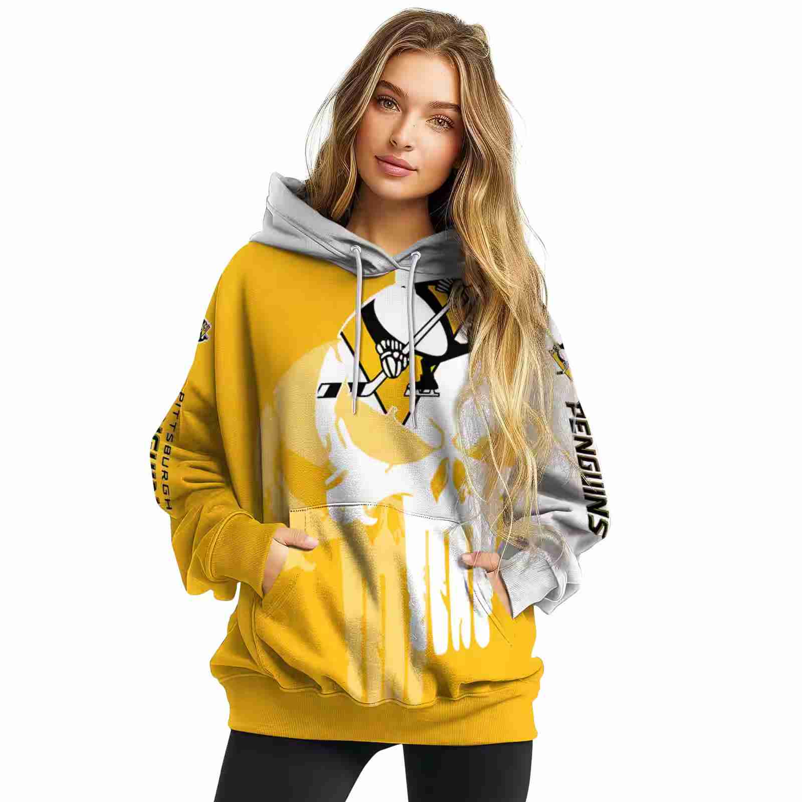 pittsburgh penguins graphic punisher yellow white hoodie high quality