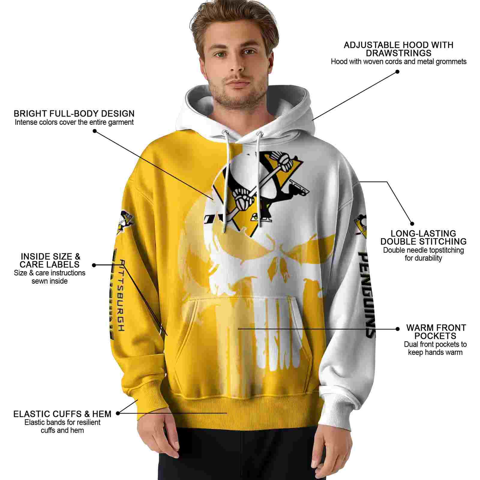 pittsburgh penguins graphic punisher yellow white hoodie latest model