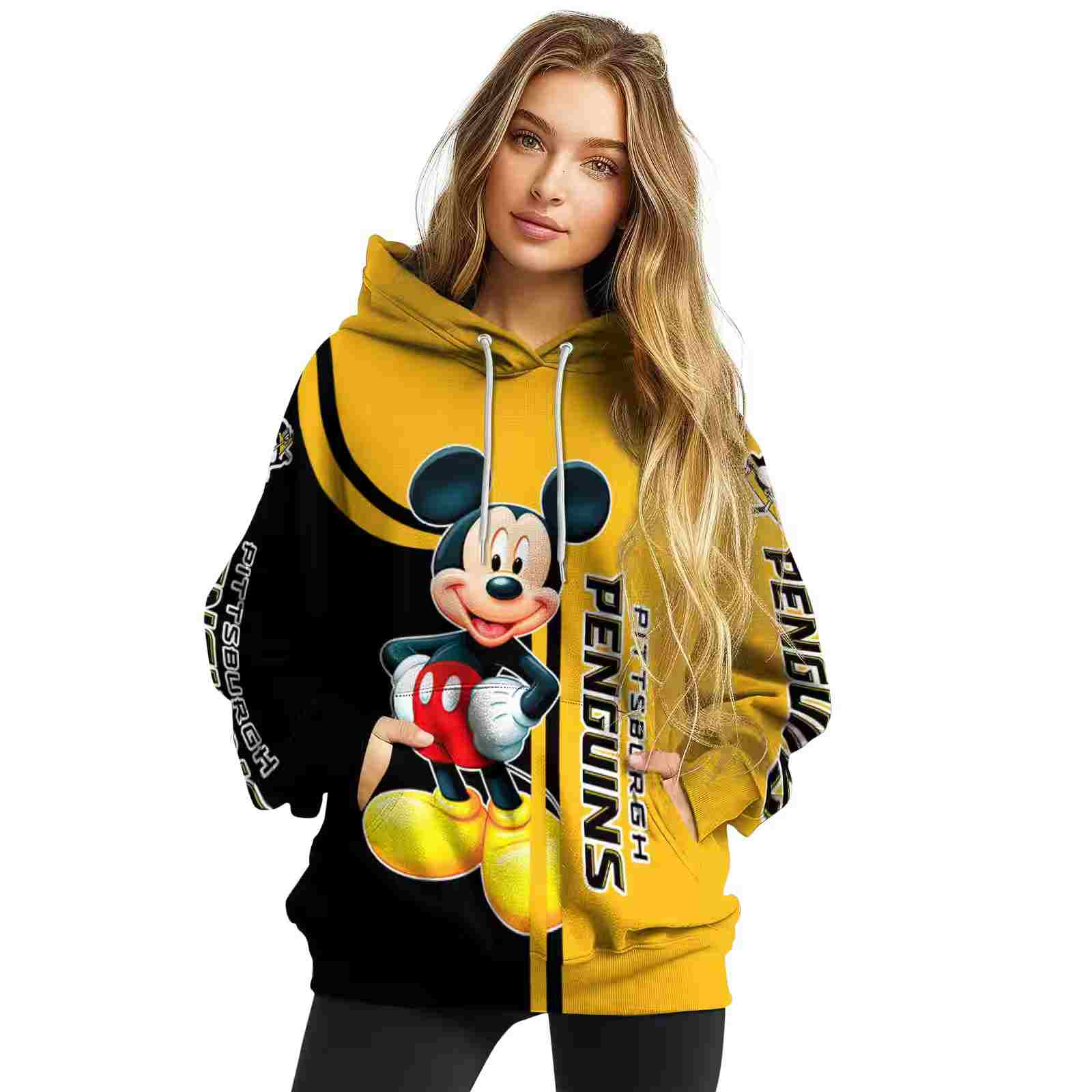 pittsburgh penguins mickey mouse yellow black hoodie high quality