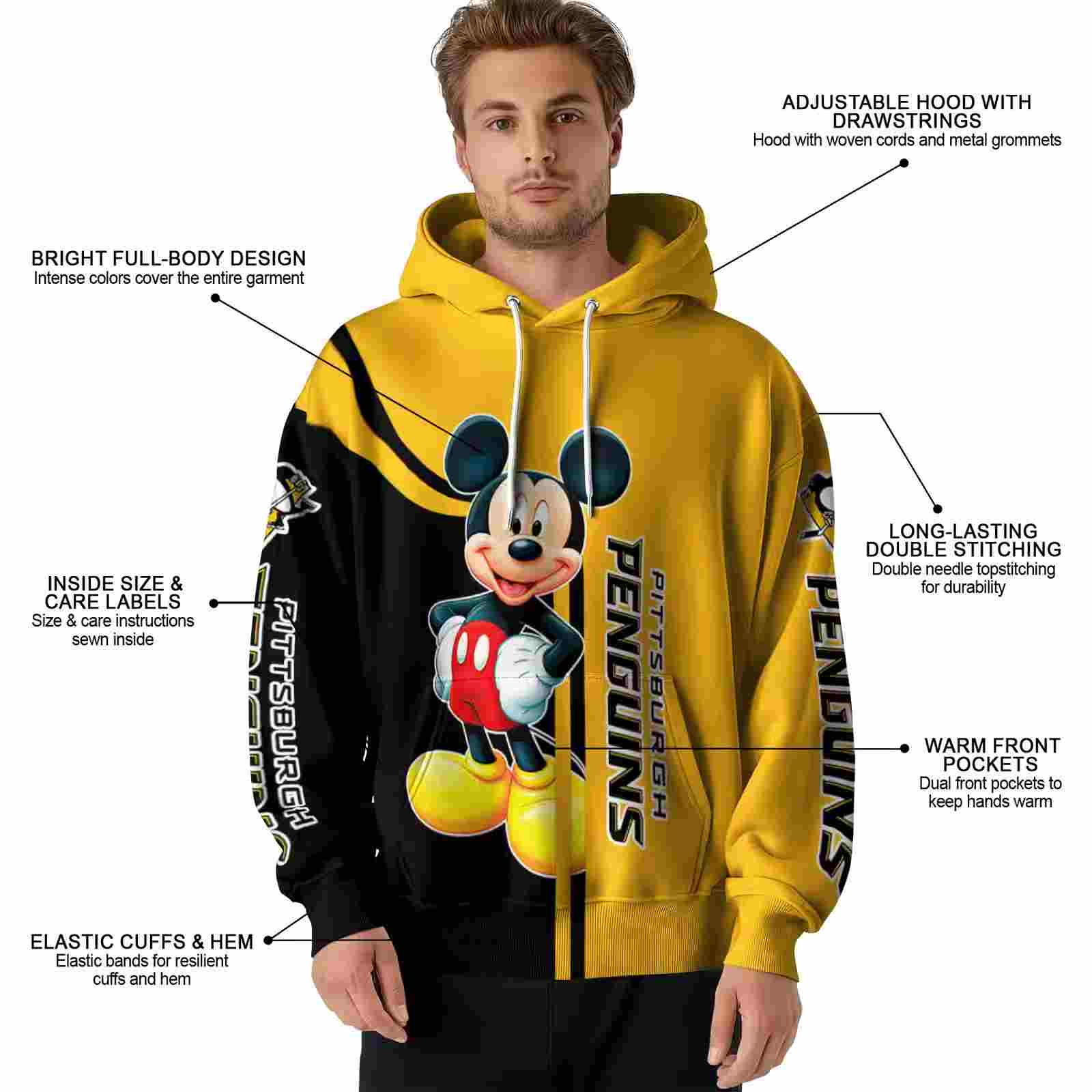 pittsburgh penguins mickey mouse yellow black hoodie latest model