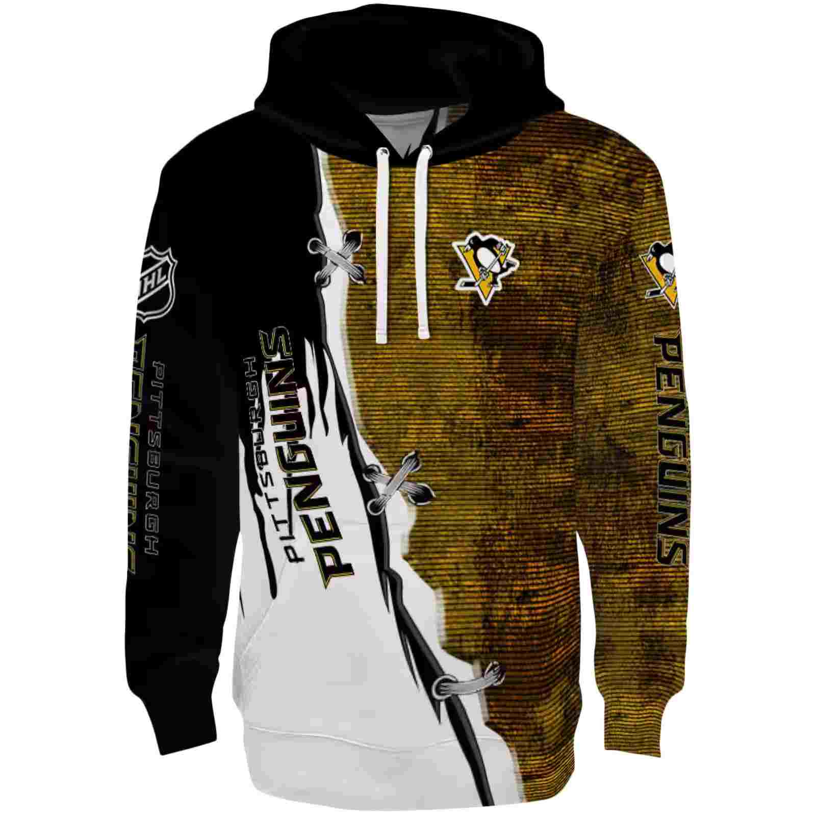 Pittsburgh Penguins Ripped Pattern Yellow Black White Hoodie