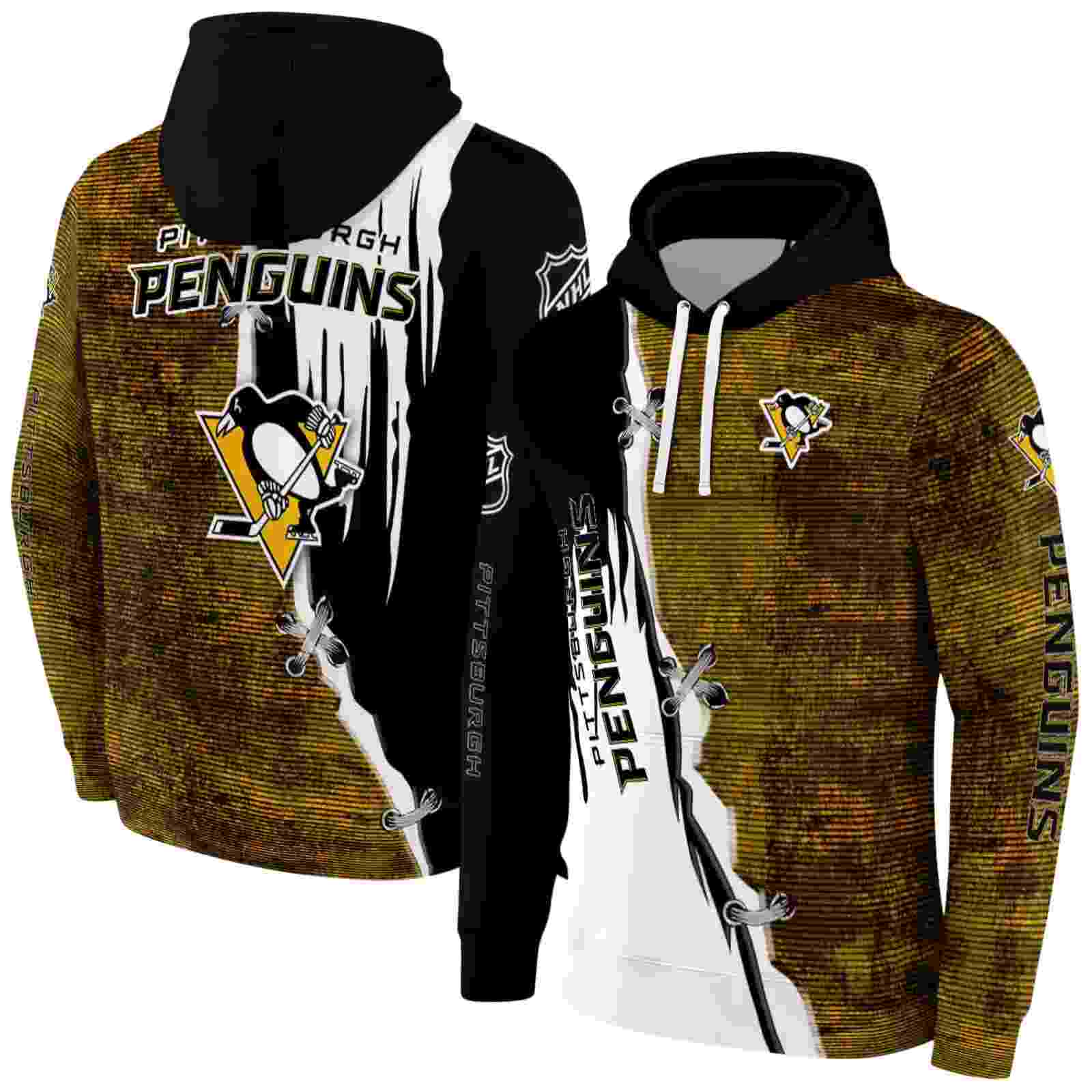 pittsburgh penguins ripped pattern yellow black white hoodie fashion forward