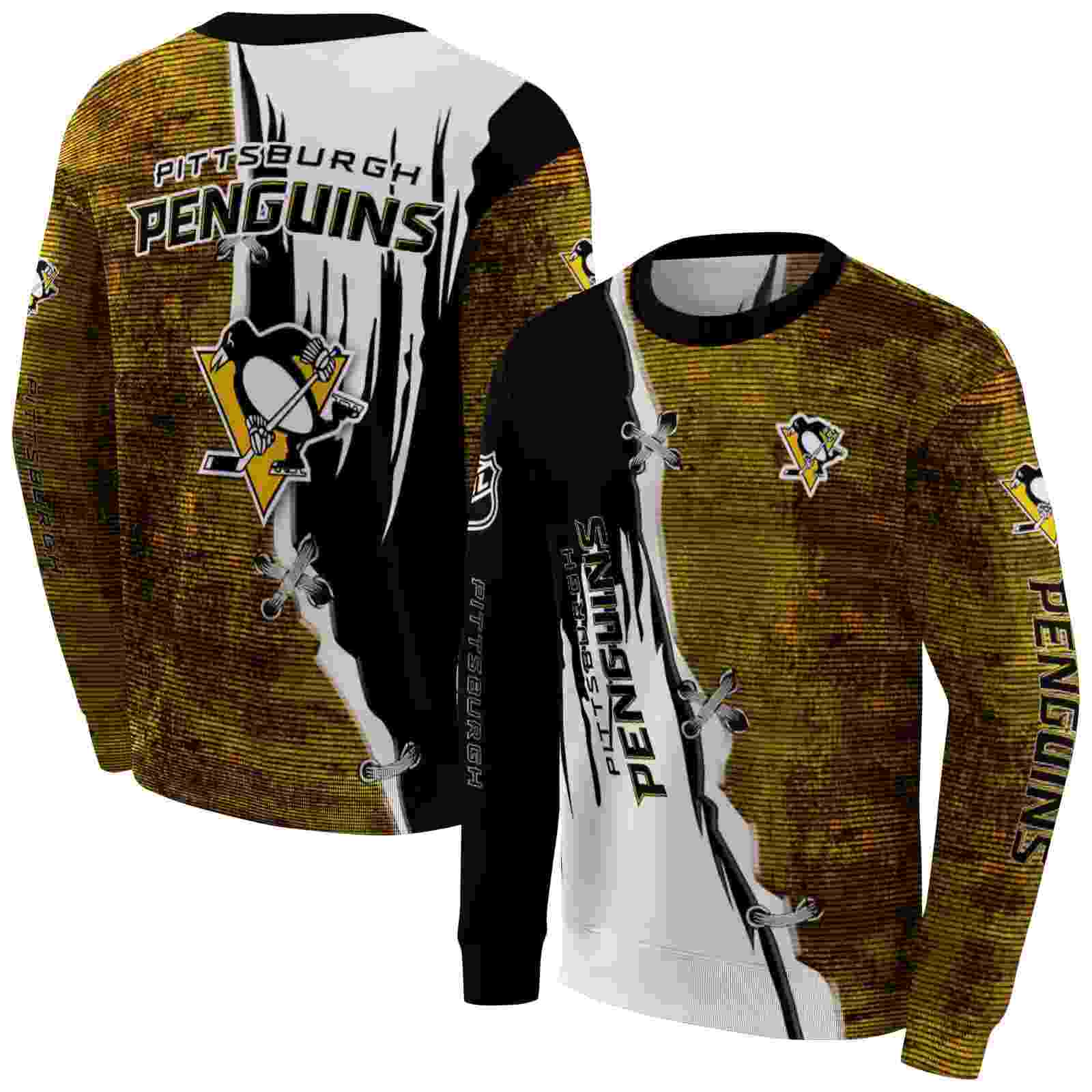 pittsburgh penguins ripped pattern yellow black white hoodie premium grade