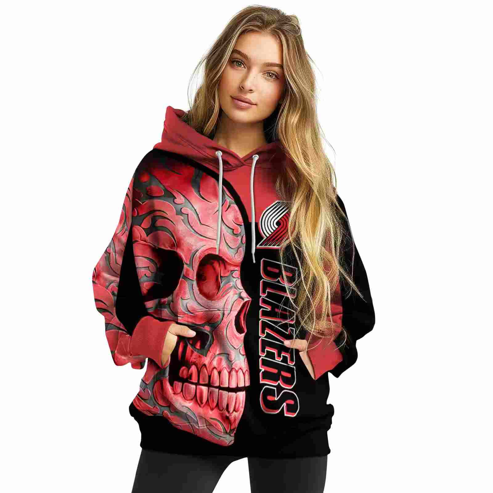 portland trail blazers skull motif red black hoodie high quality