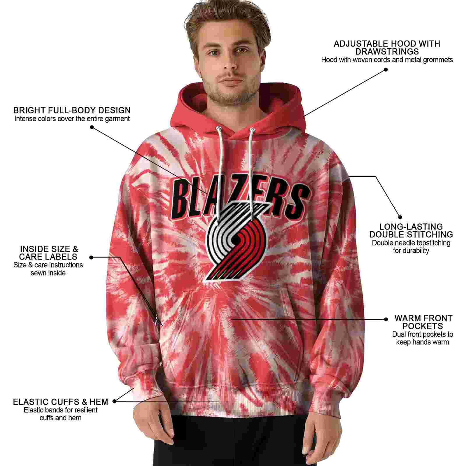 portland trail blazers tie dye pattern red hoodie latest model