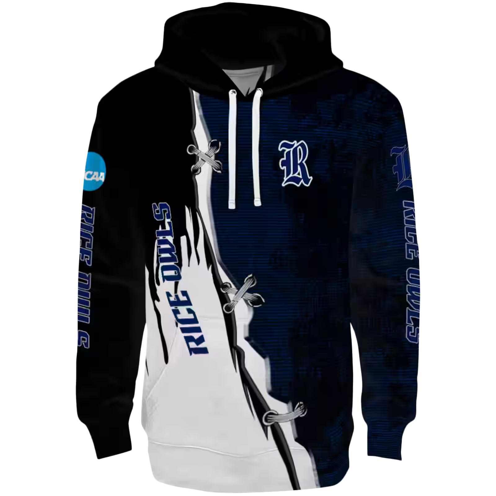 Rice Owls Ripped Pattern Navy Blue Black White Hoodie