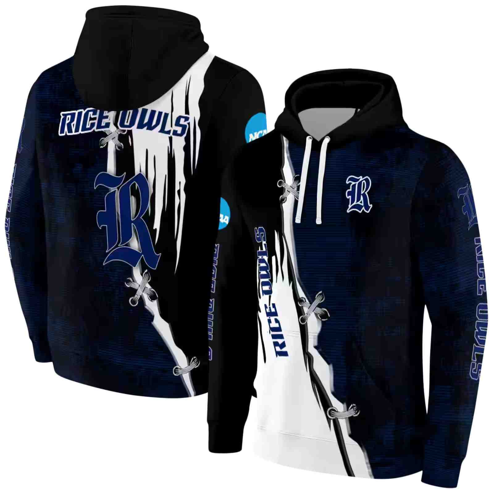 rice owls ripped pattern navy blue black white hoodie fashion forward