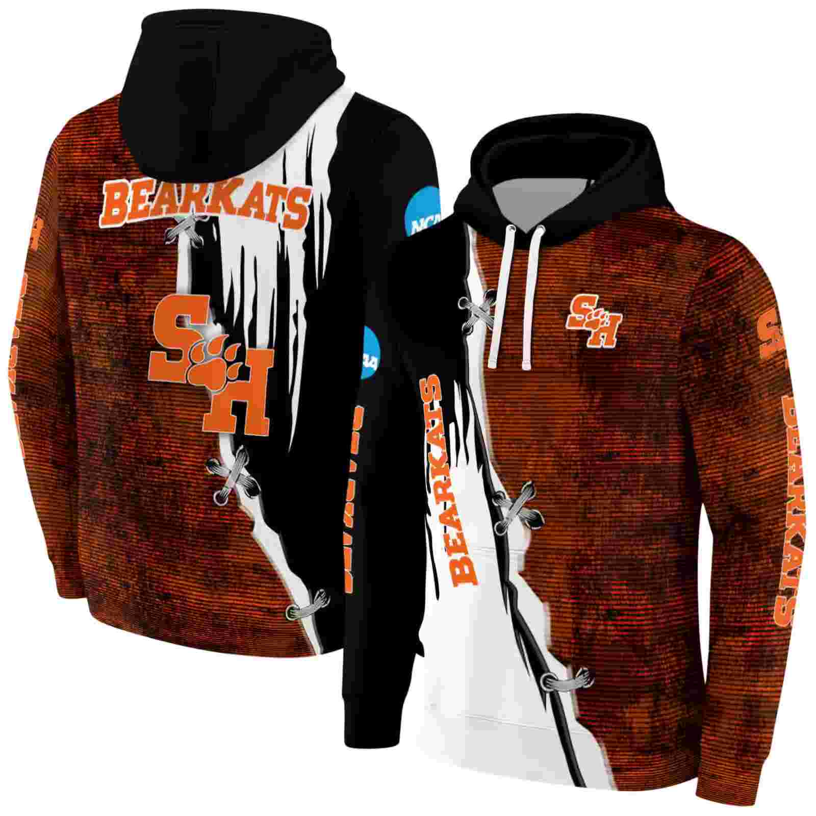 sam houston bearkats ripped pattern orange black white hoodie fashion forward