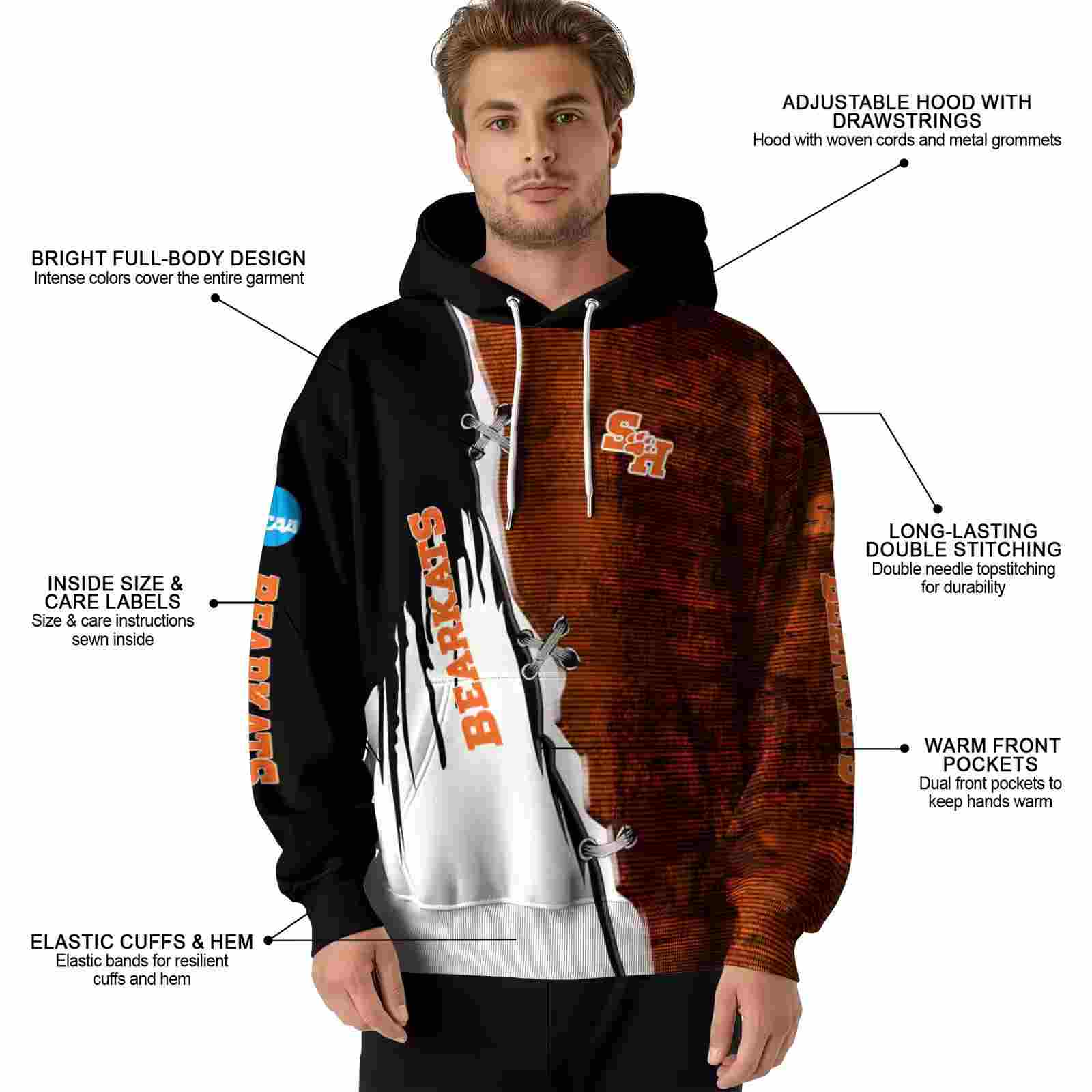 sam houston bearkats ripped pattern orange black white hoodie latest model