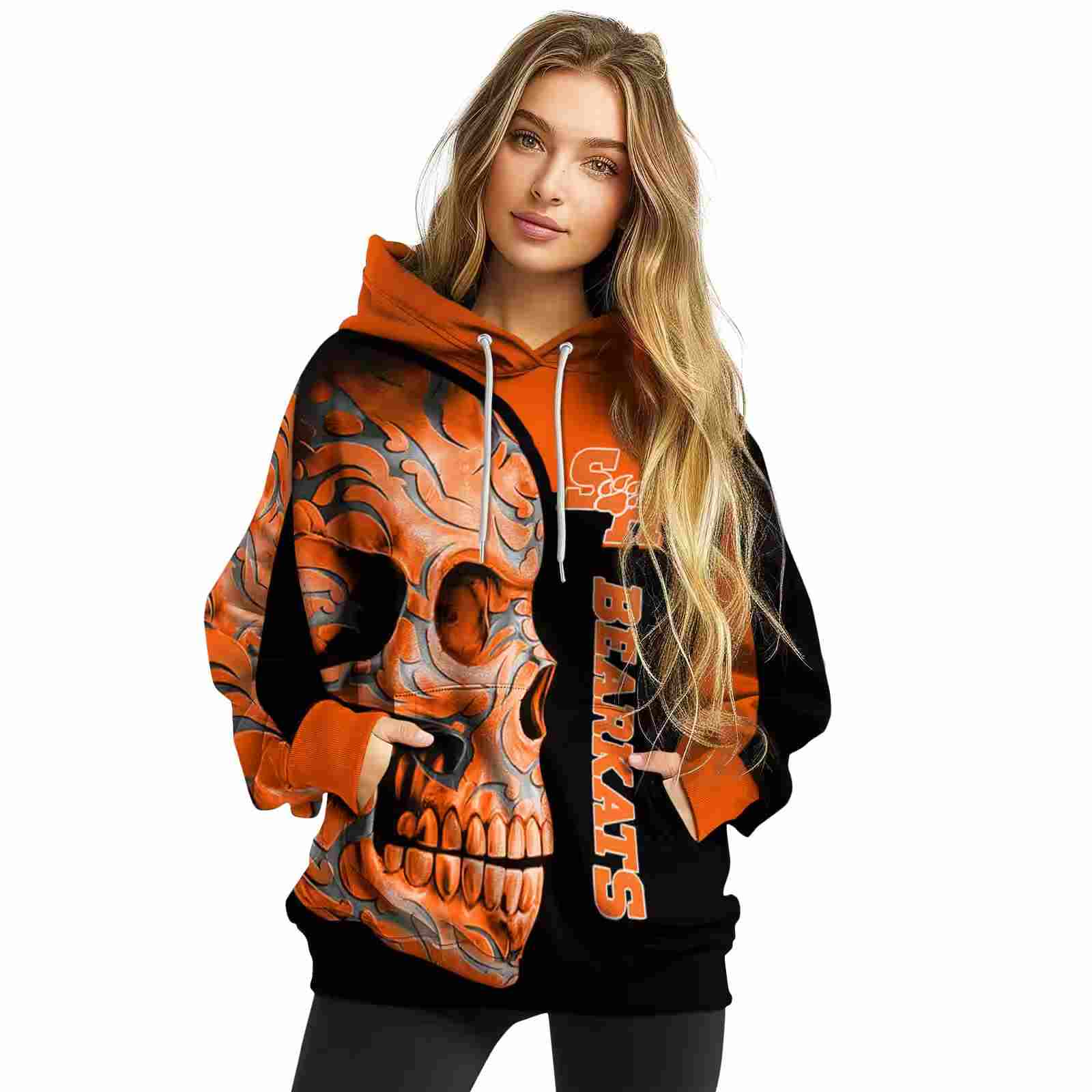 sam houston bearkats skull motif orange black hoodie high quality