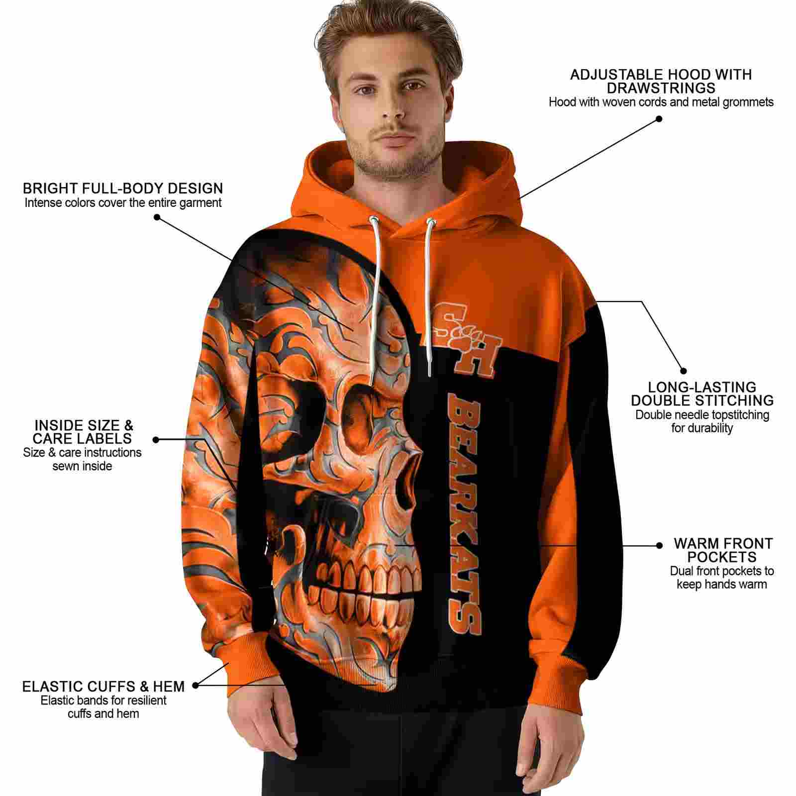 sam houston bearkats skull motif orange black hoodie latest model