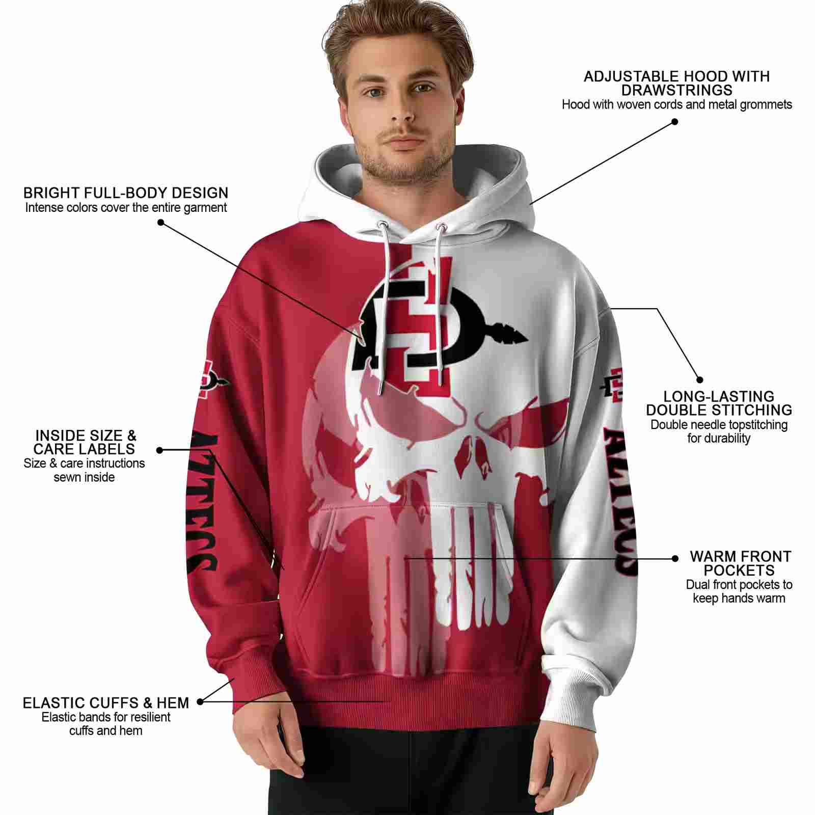 san diego state aztecs graphic punisher red white hoodie latest model