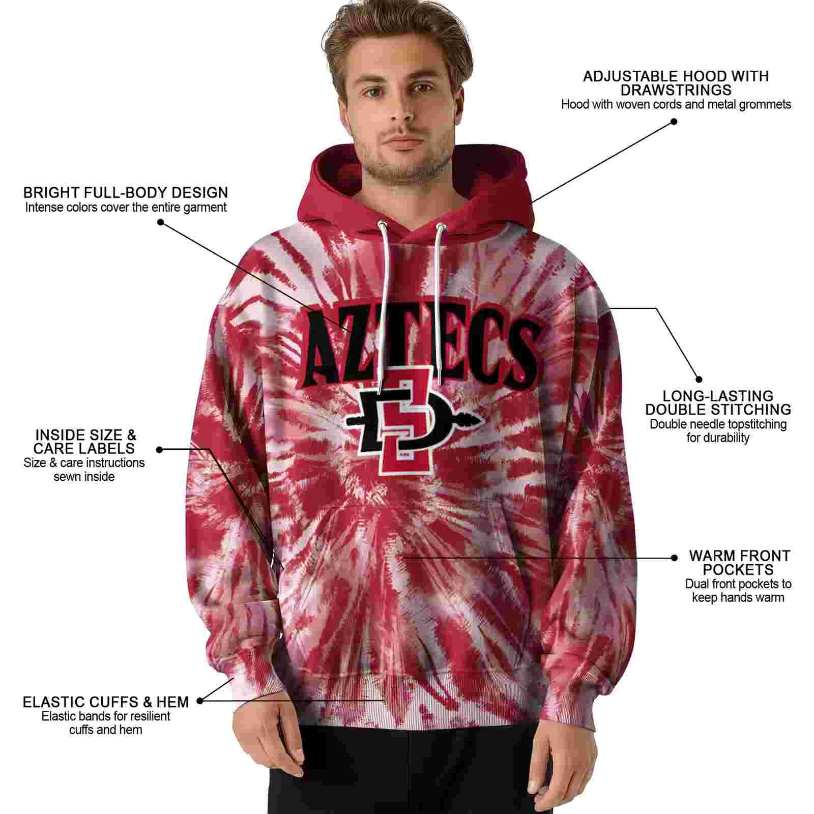 san diego state aztecs tie dye pattern red hoodie latest model