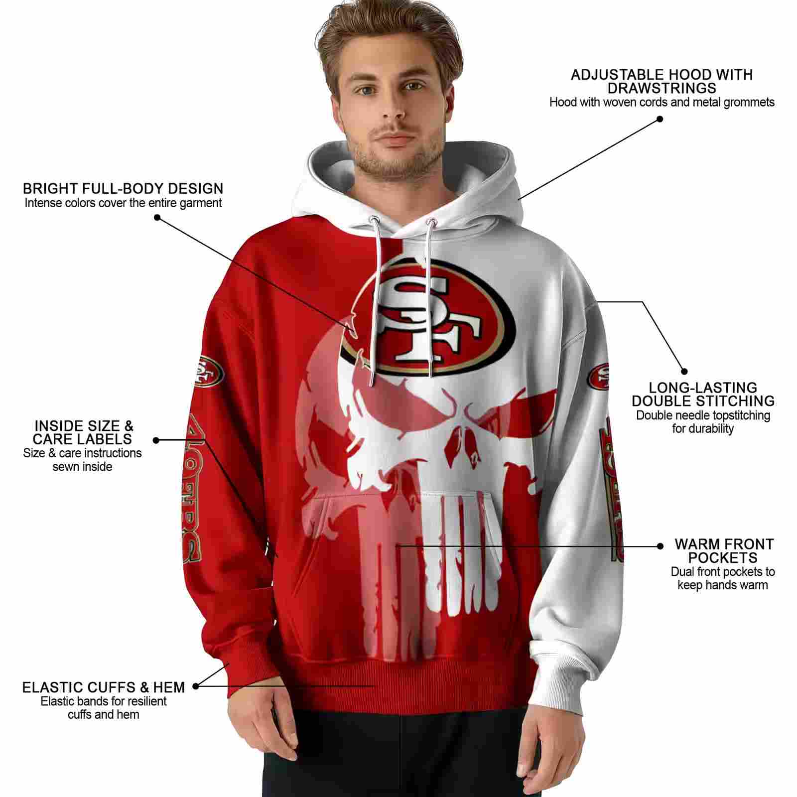 san francisco 49ers graphic punisher red white hoodie latest model