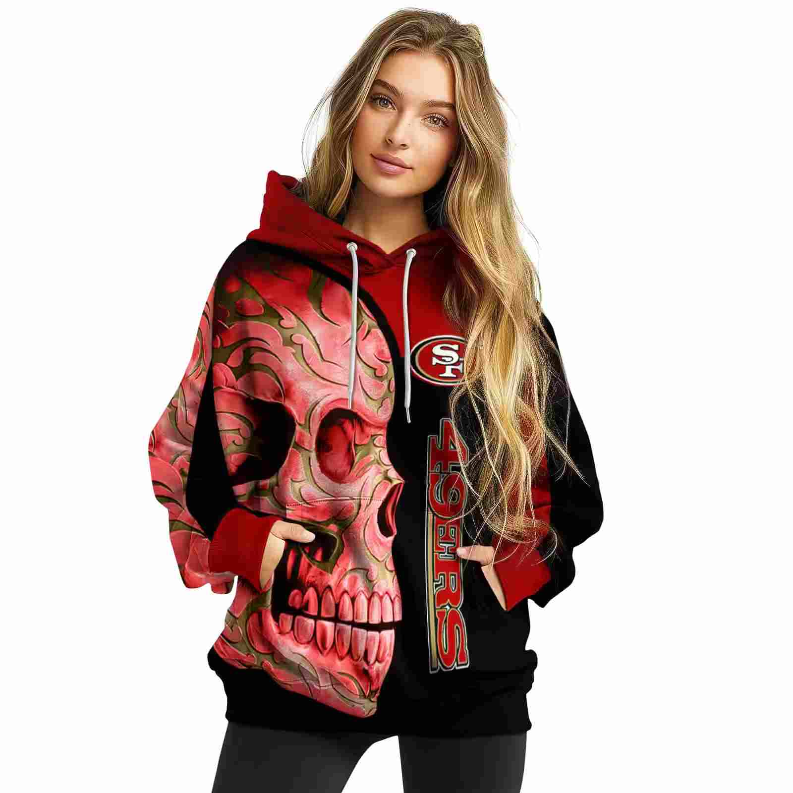 san francisco 49ers skull motif red black hoodie high quality