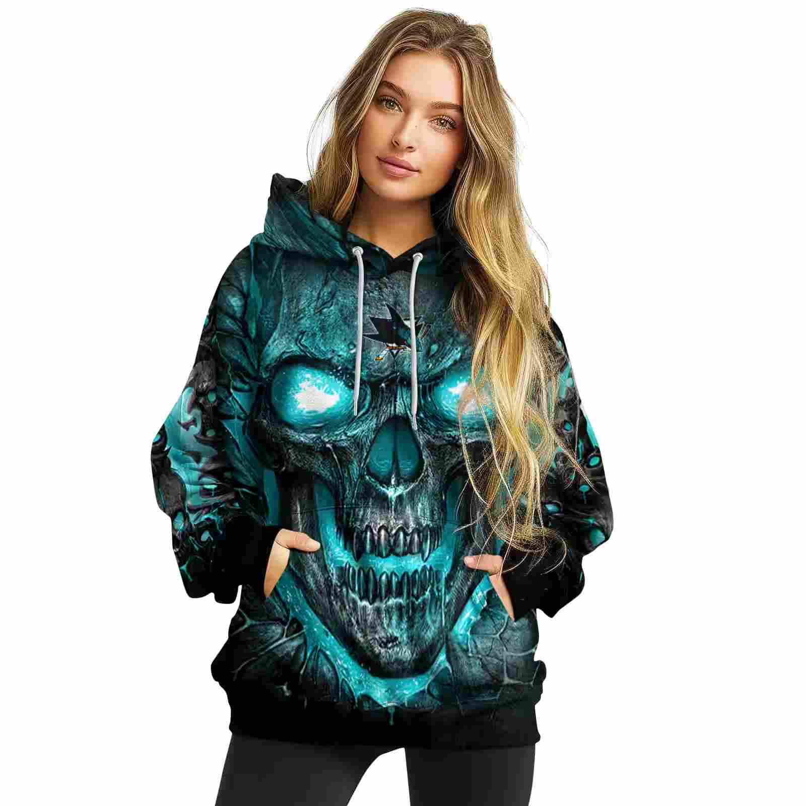 san jose sharks demonic skull teal black hoodie high quality