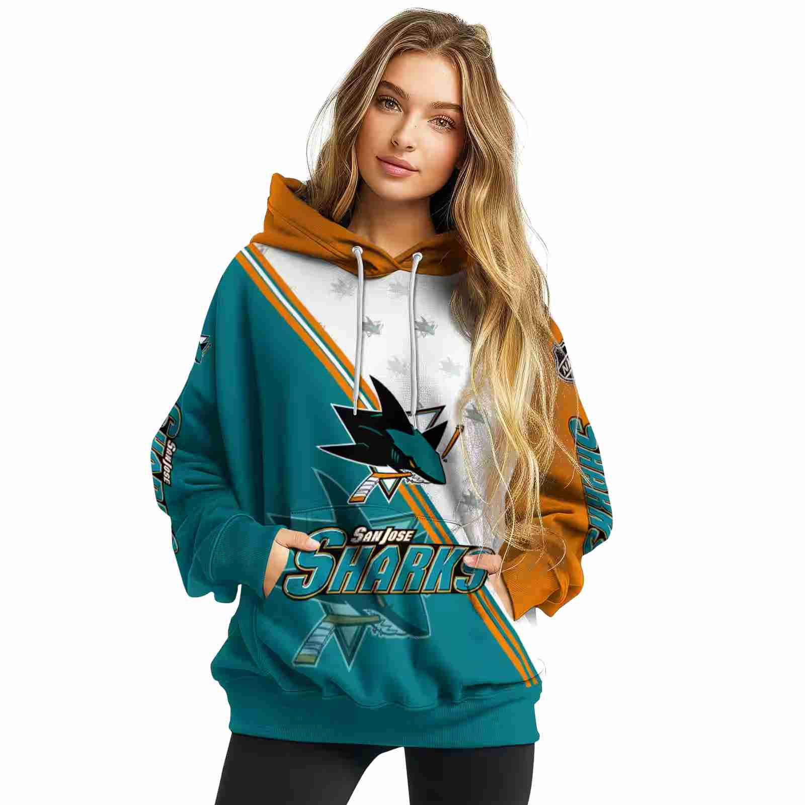 san jose sharks diagonal stripe teal white hoodie high quality