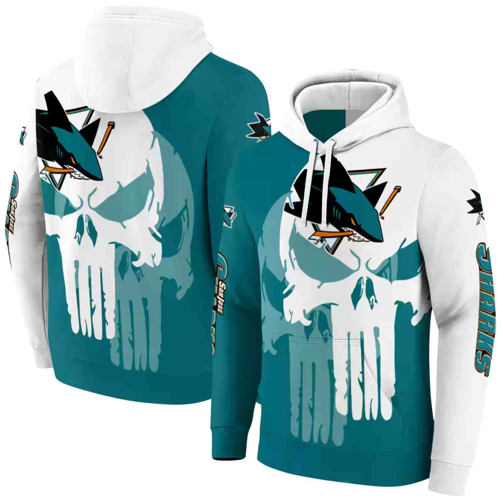 san jose sharks graphic punisher teal white hoodie fashion forward