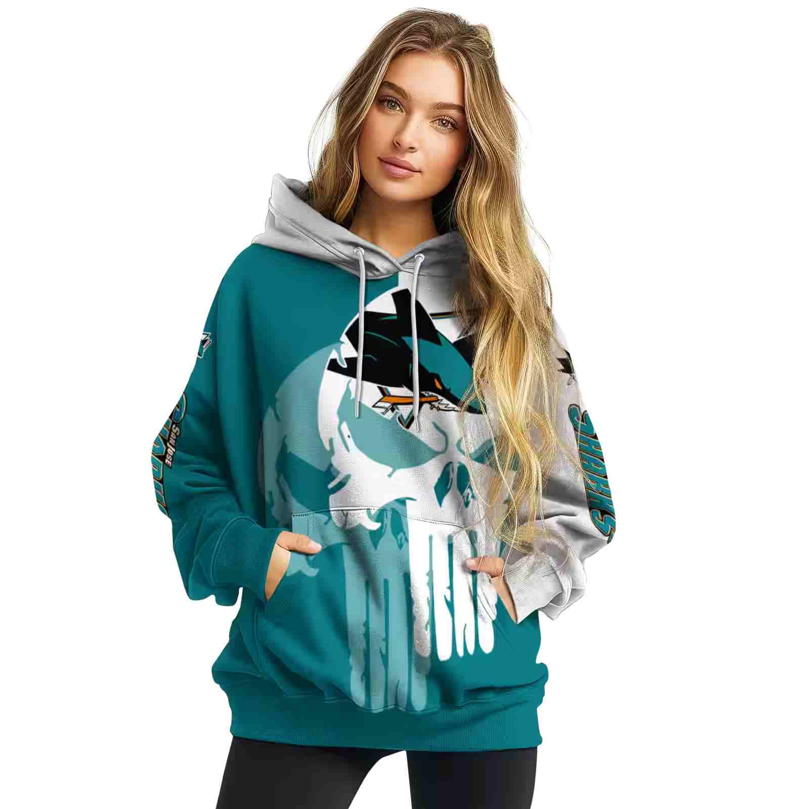 san jose sharks graphic punisher teal white hoodie high quality