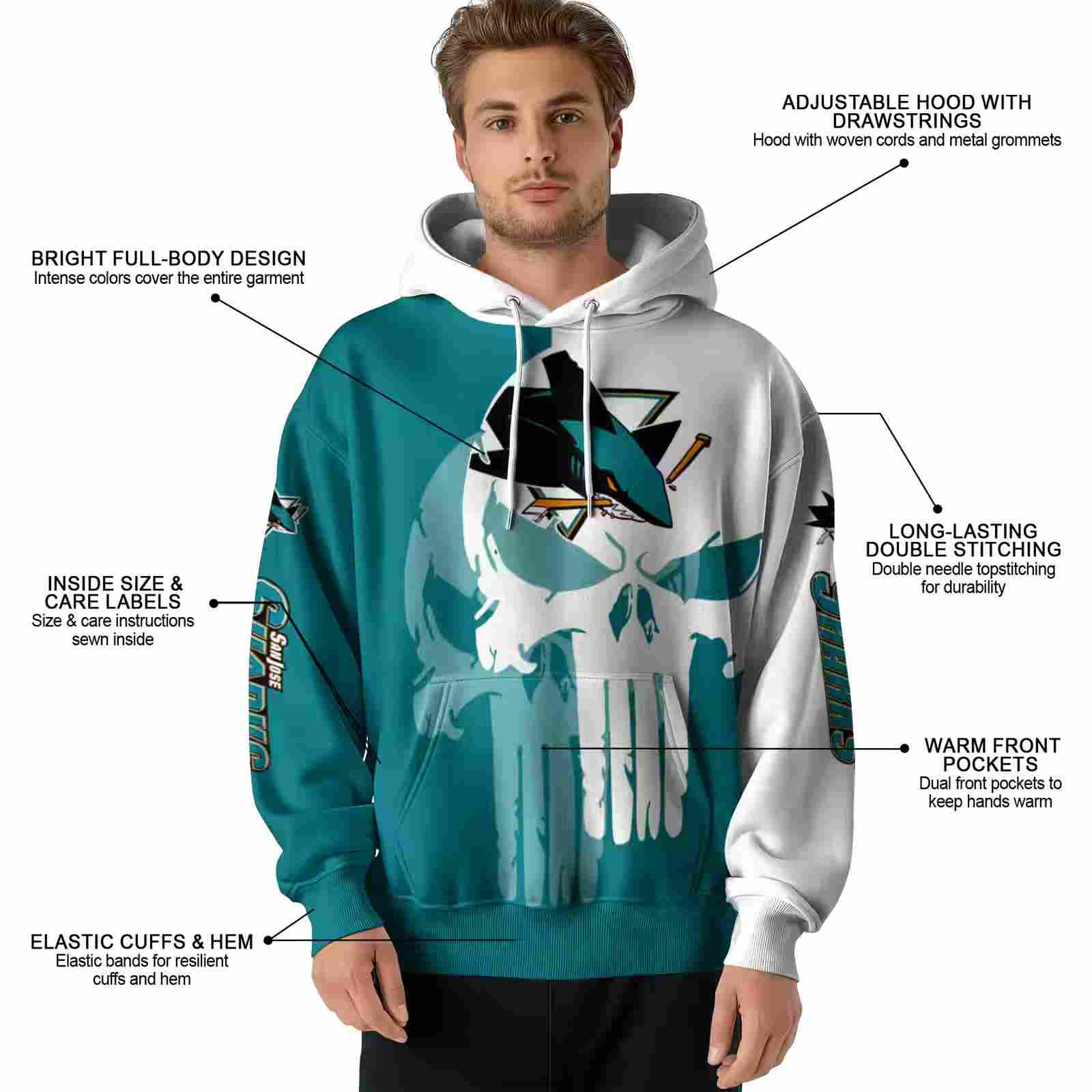 san jose sharks graphic punisher teal white hoodie latest model