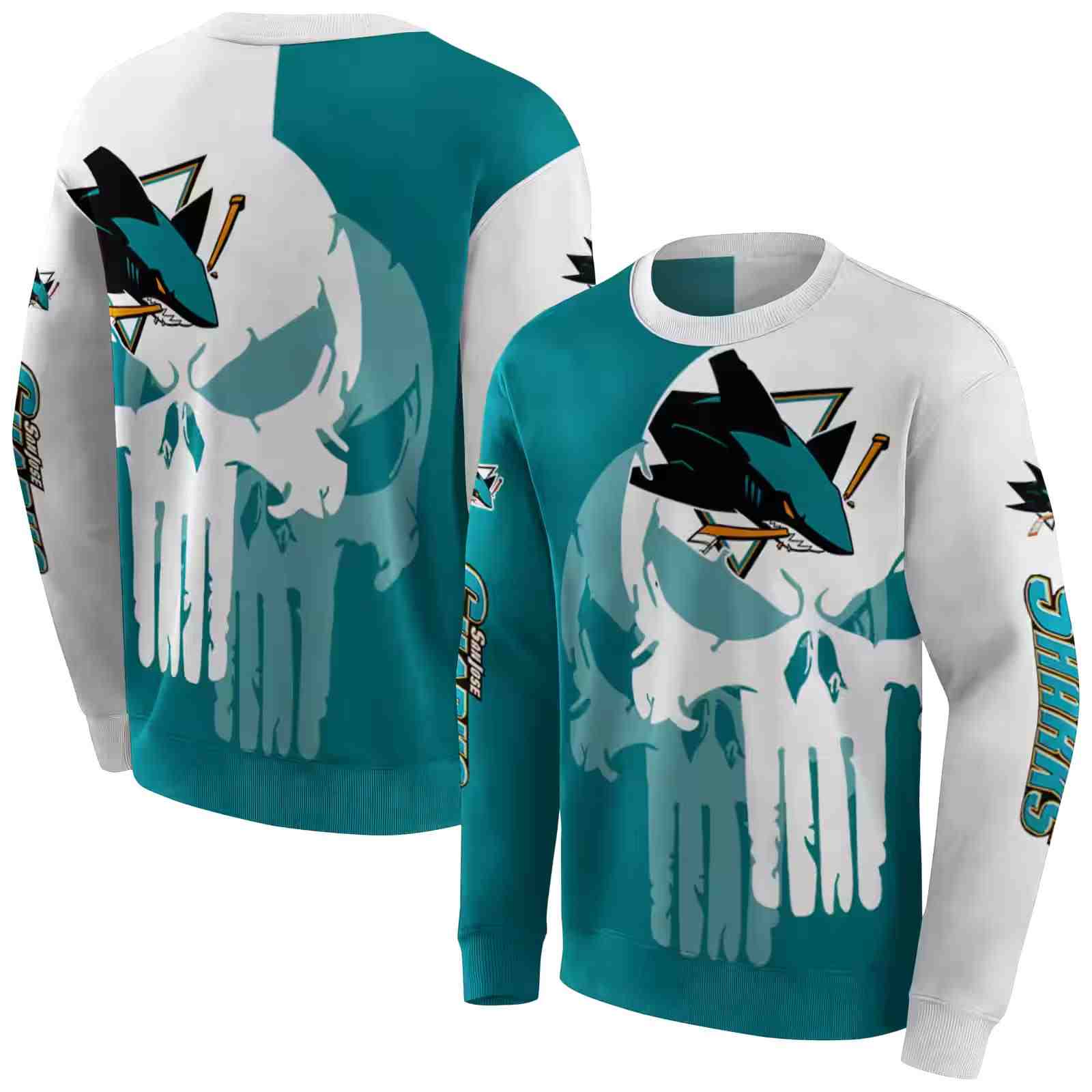 san jose sharks graphic punisher teal white hoodie premium grade