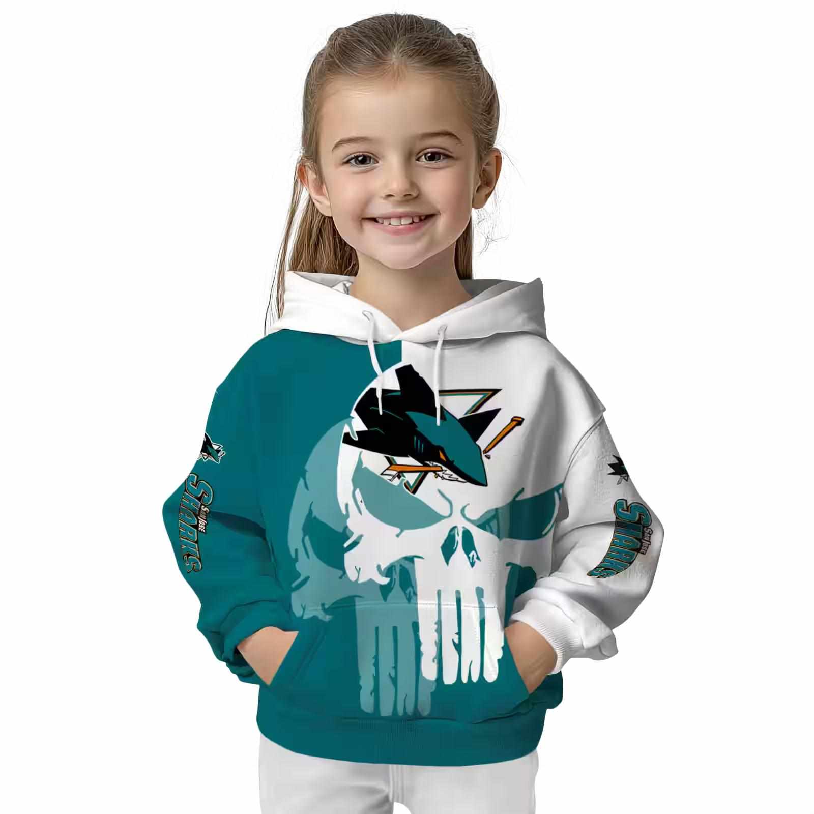 san jose sharks graphic punisher teal white hoodie top rated