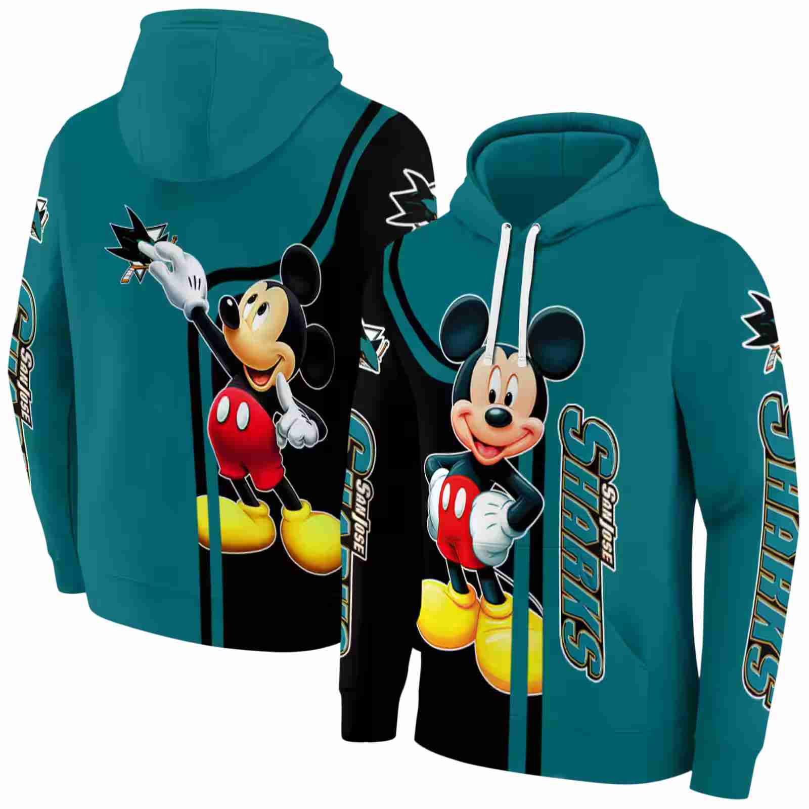 san jose sharks mickey mouse teal black hoodie fashion forward