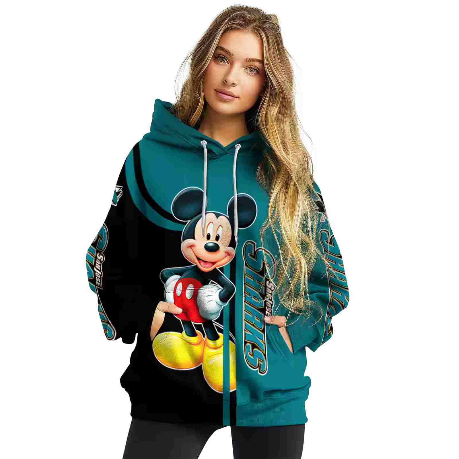 san jose sharks mickey mouse teal black hoodie high quality