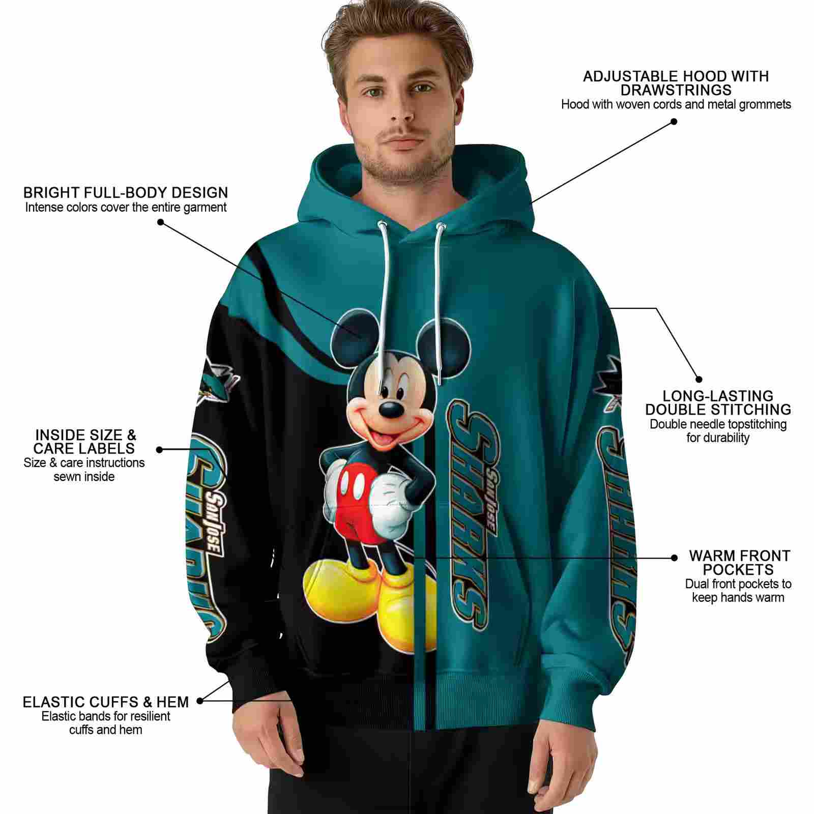 san jose sharks mickey mouse teal black hoodie latest model