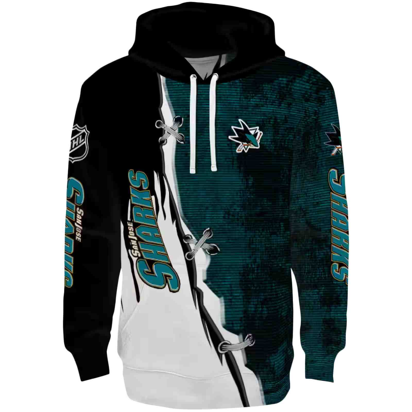 San Jose Sharks Ripped Pattern Teal Black White Hoodie