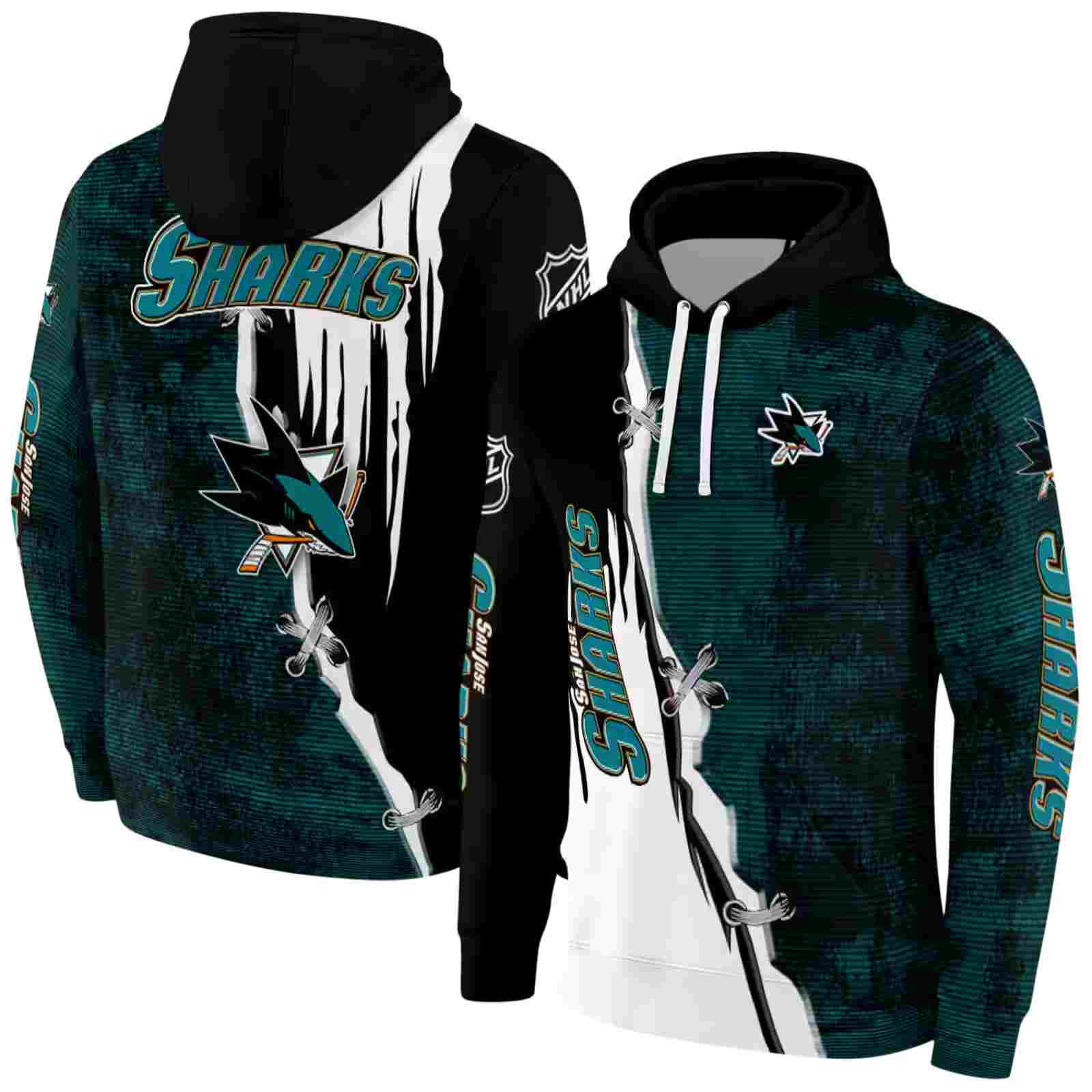 san jose sharks ripped pattern teal black white hoodie fashion forward