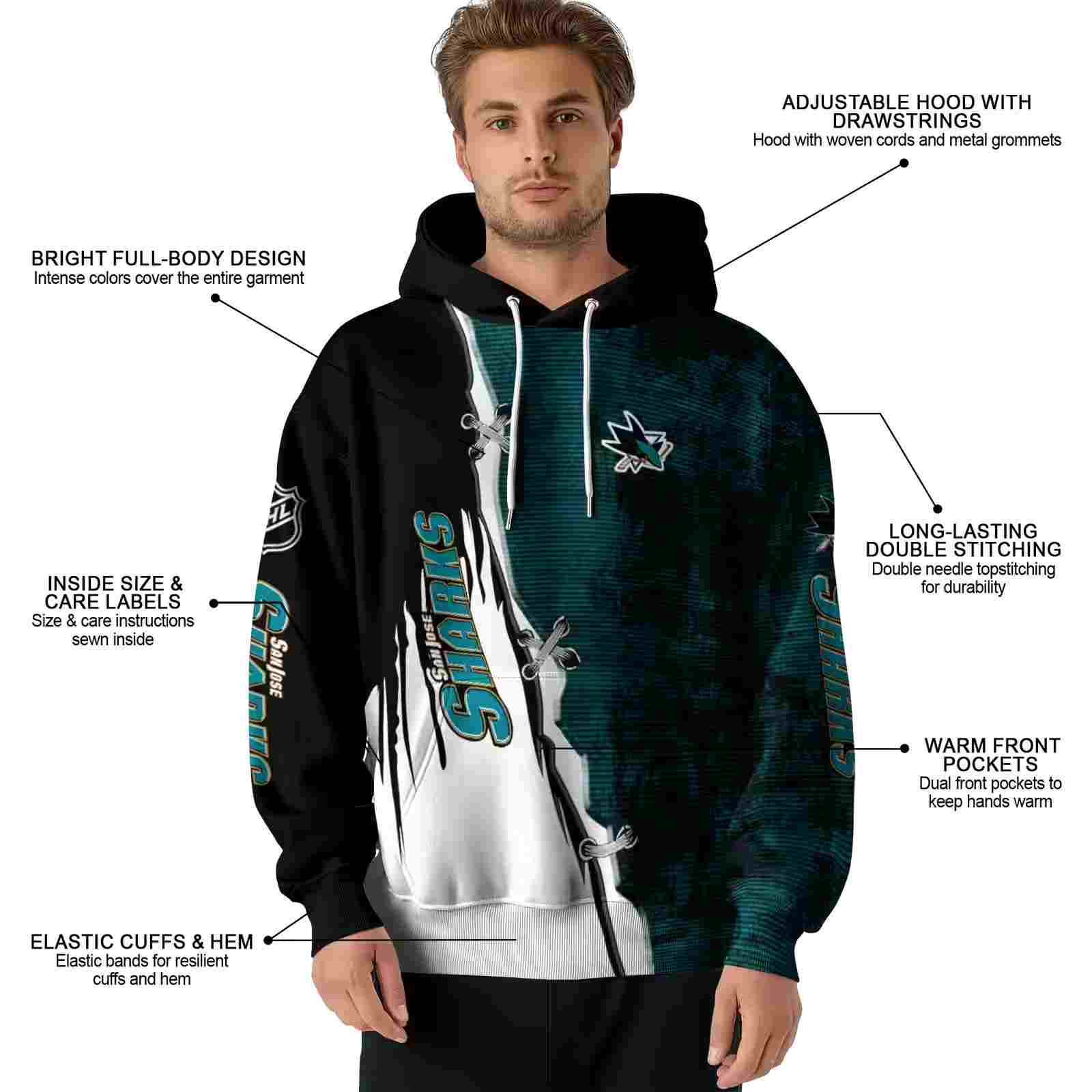 san jose sharks ripped pattern teal black white hoodie latest model