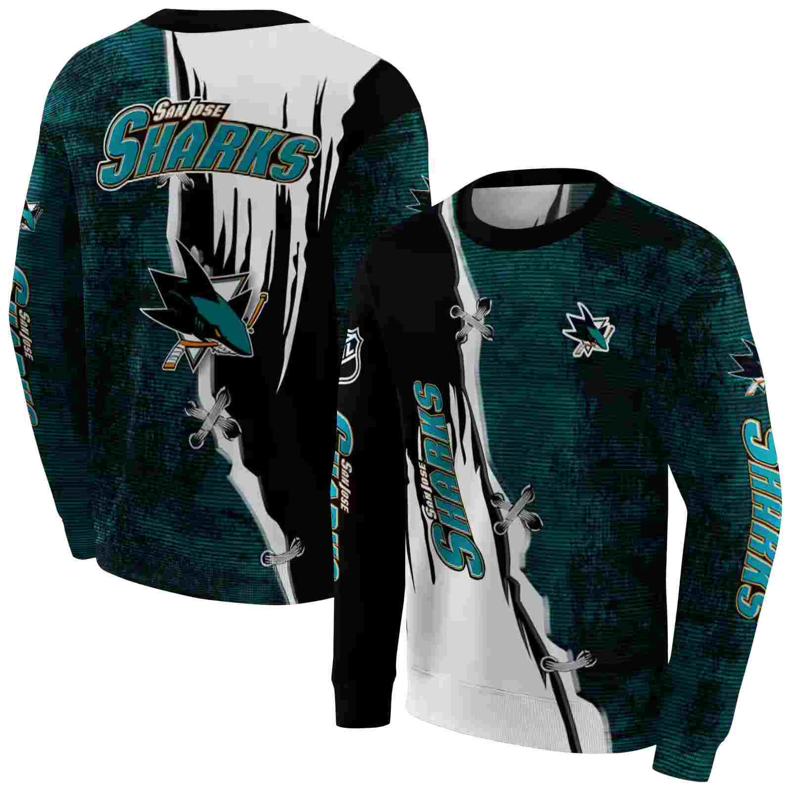 san jose sharks ripped pattern teal black white hoodie premium grade