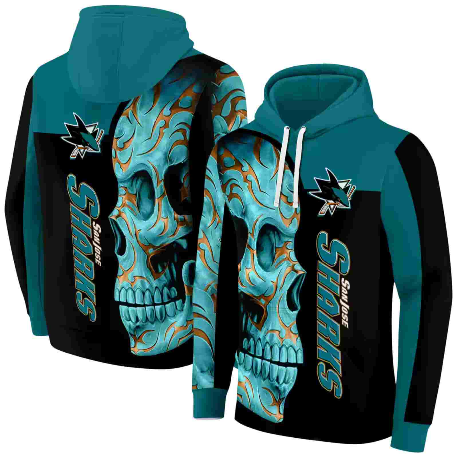 san jose sharks skull motif teal black hoodie fashion forward