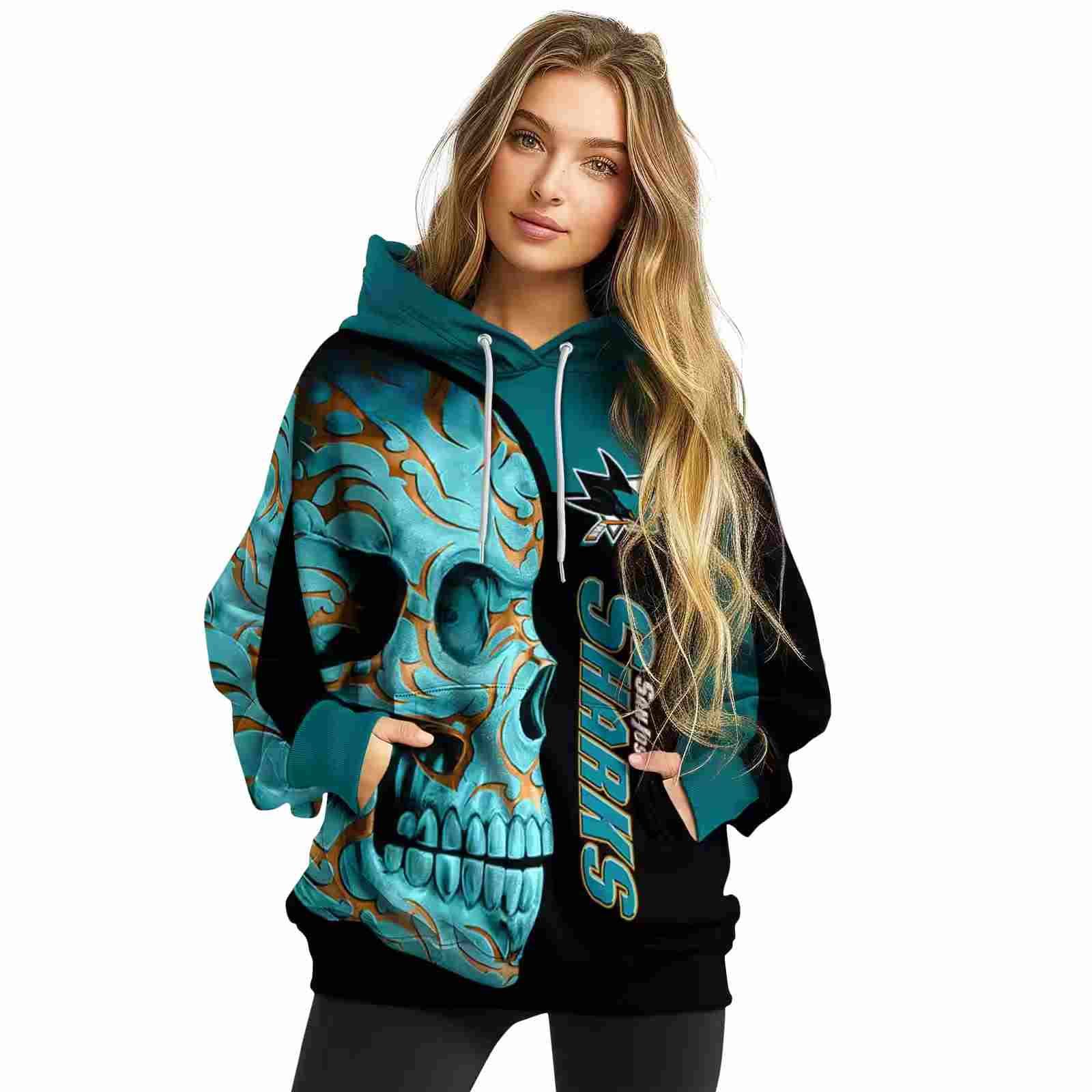 san jose sharks skull motif teal black hoodie high quality