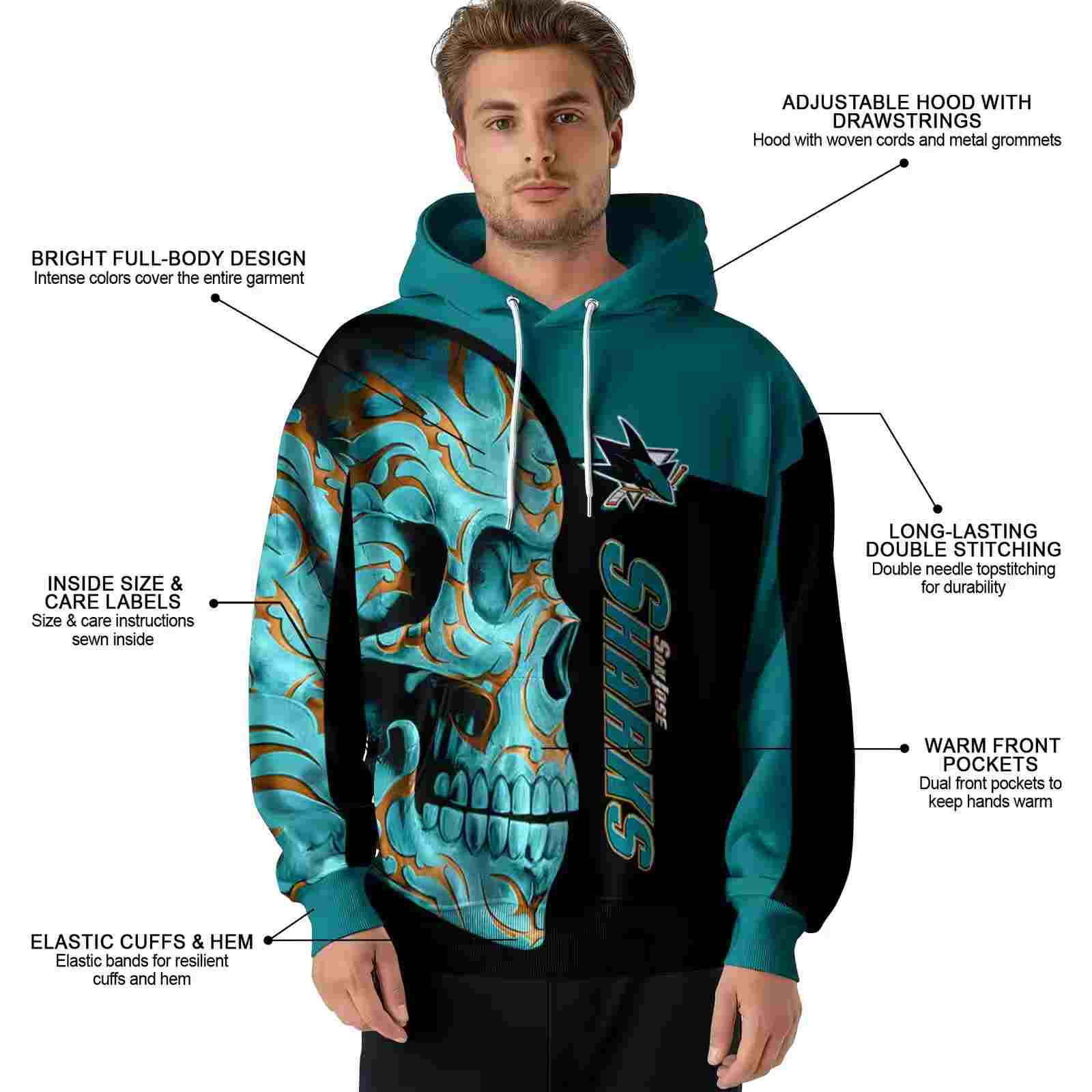 san jose sharks skull motif teal black hoodie latest model