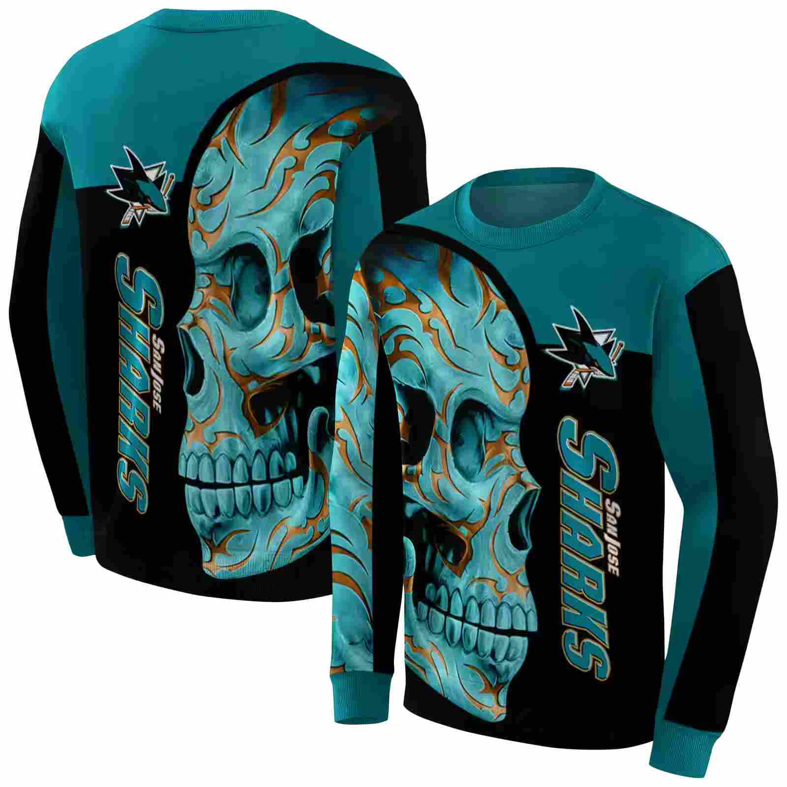 san jose sharks skull motif teal black hoodie premium grade