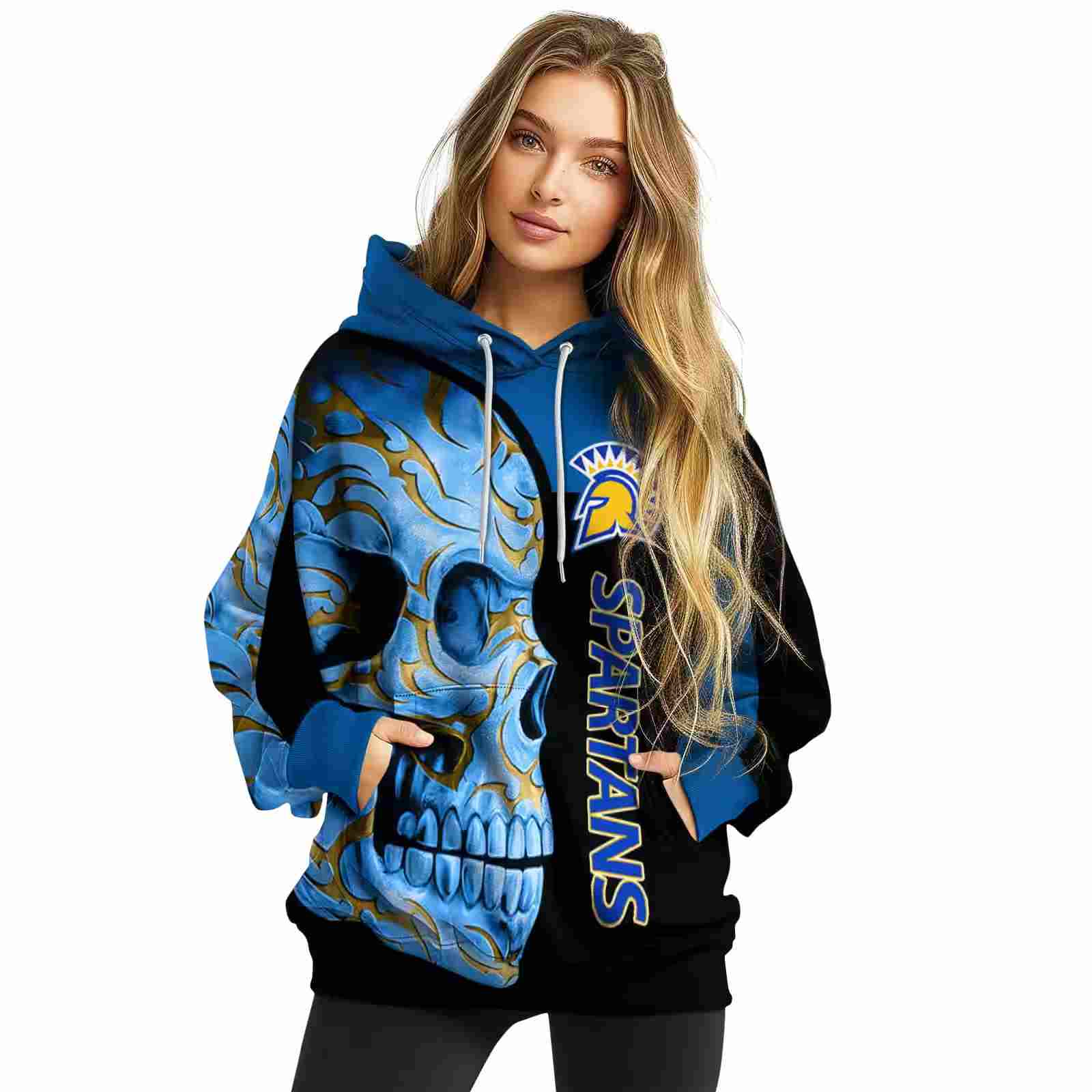 san jose state spartans skull motif blue black hoodie high quality