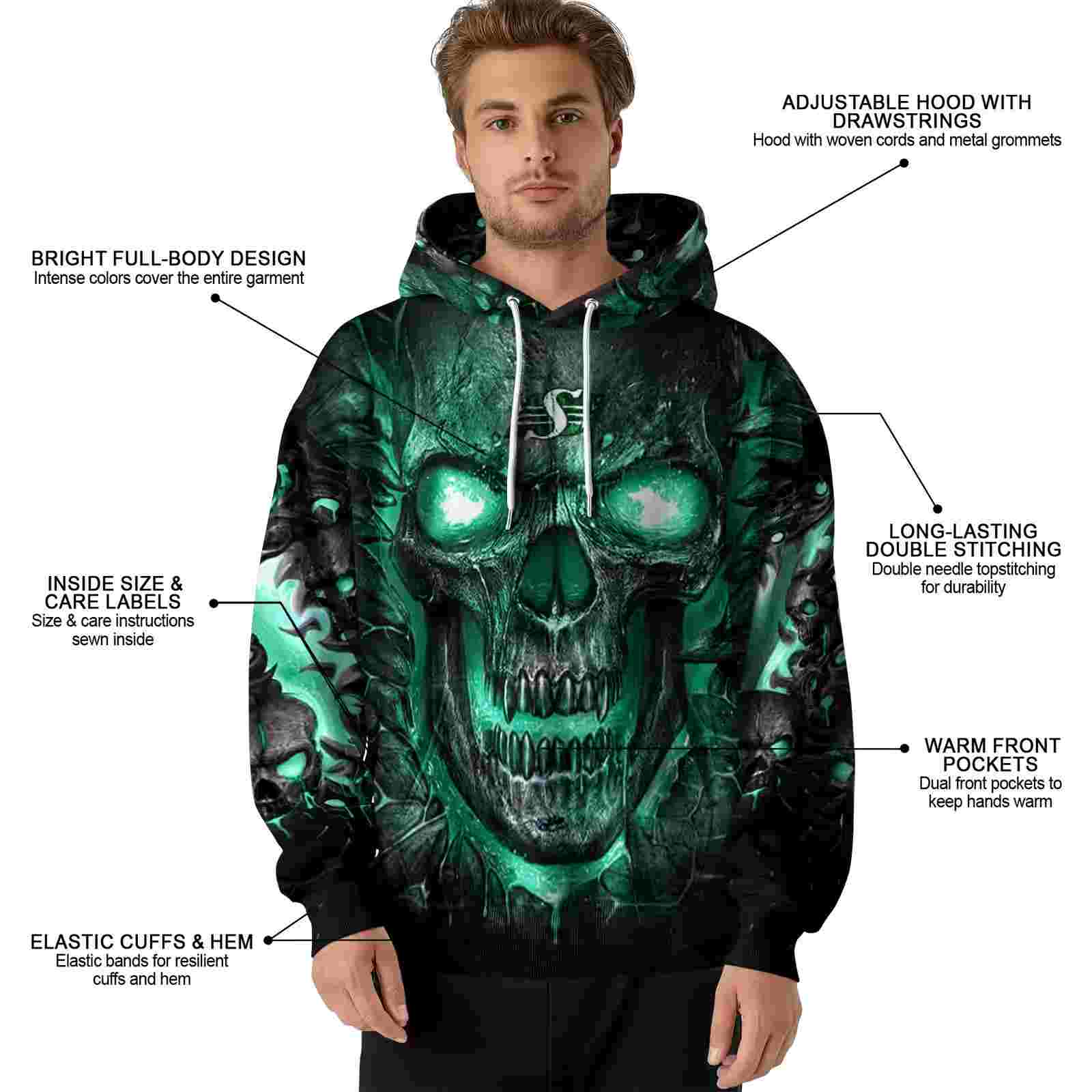 saskatchewan roughriders demonic skull green black hoodie latest model