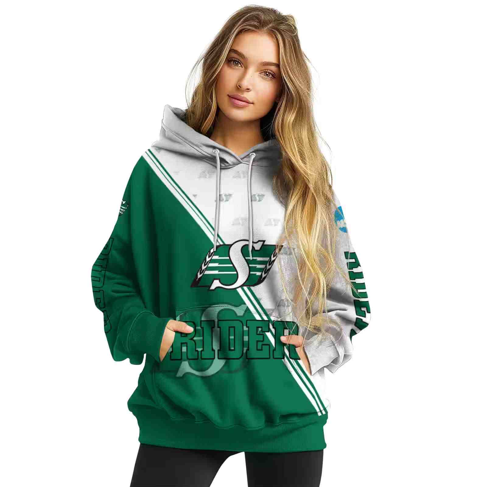 saskatchewan roughriders diagonal stripe green white hoodie high quality