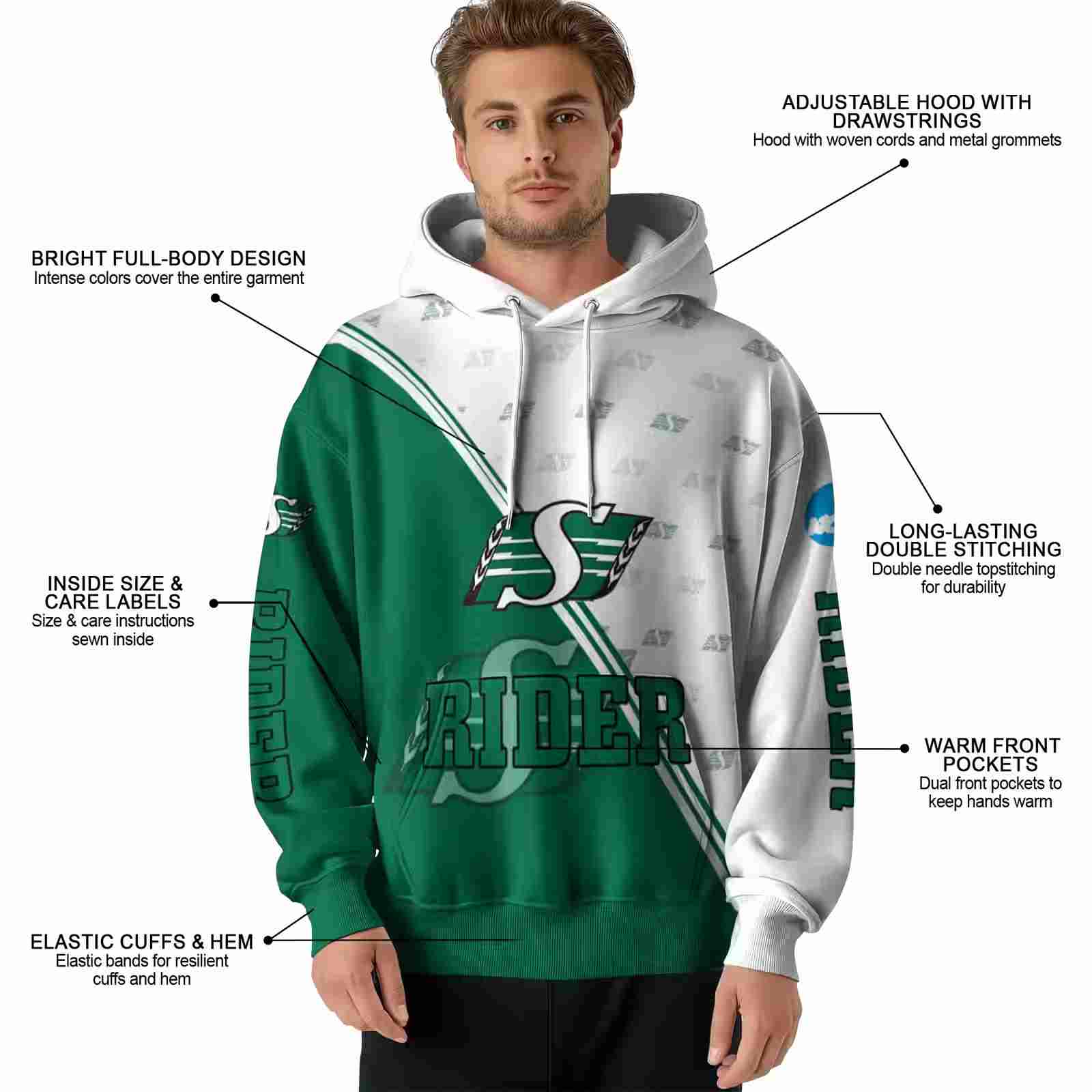 saskatchewan roughriders diagonal stripe green white hoodie latest model