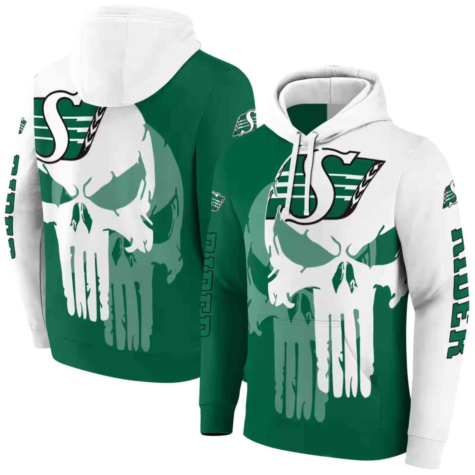 saskatchewan roughriders graphic punisher green white hoodie fashion forward