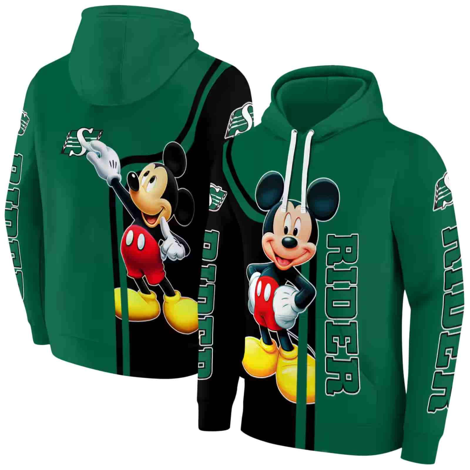 saskatchewan roughriders mickey mouse green black hoodie fashion forward
