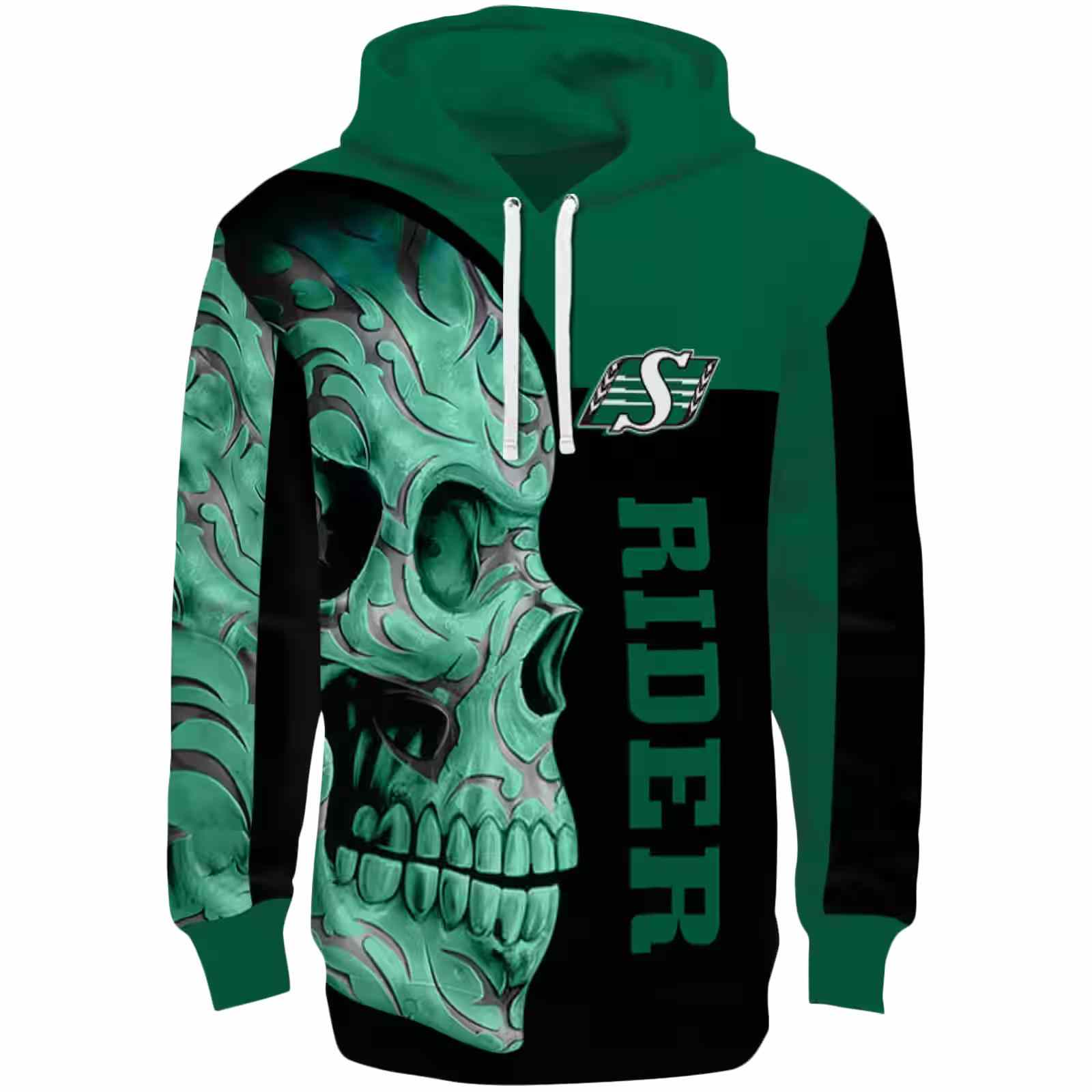 Saskatchewan Roughriders Skull Motif Green Black Hoodie