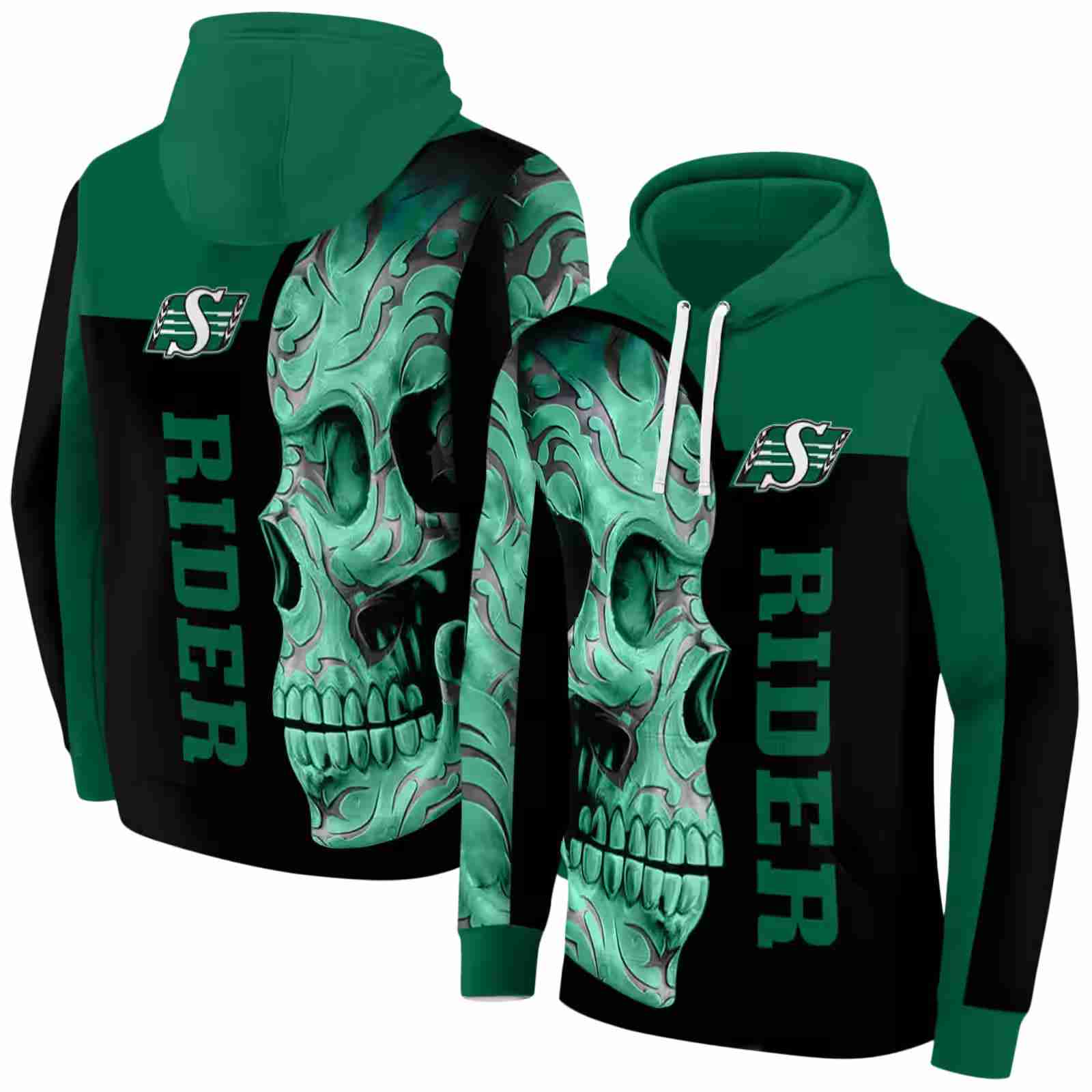 saskatchewan roughriders skull motif green black hoodie fashion forward