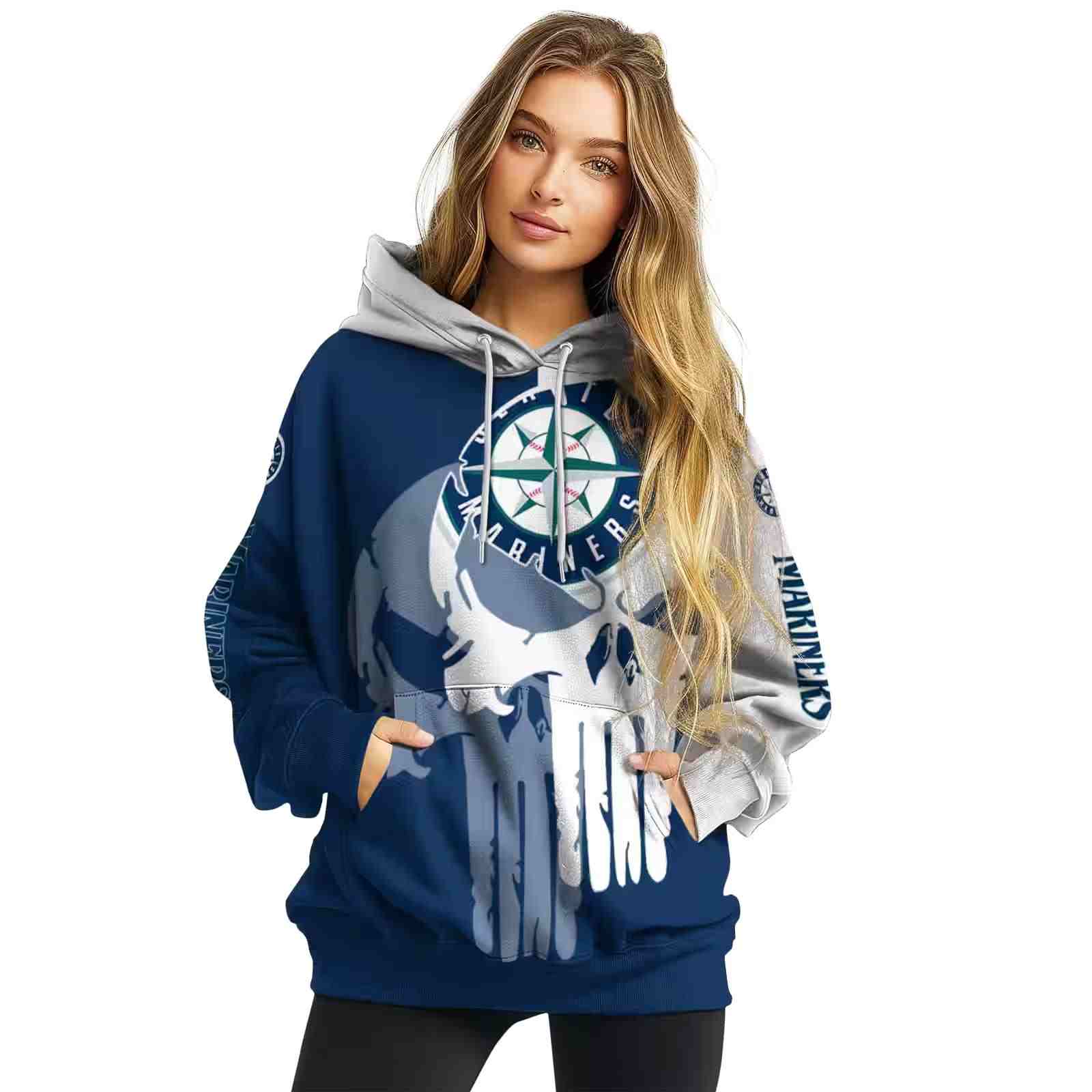 seattle mariners graphic punisher navy blue white hoodie high quality