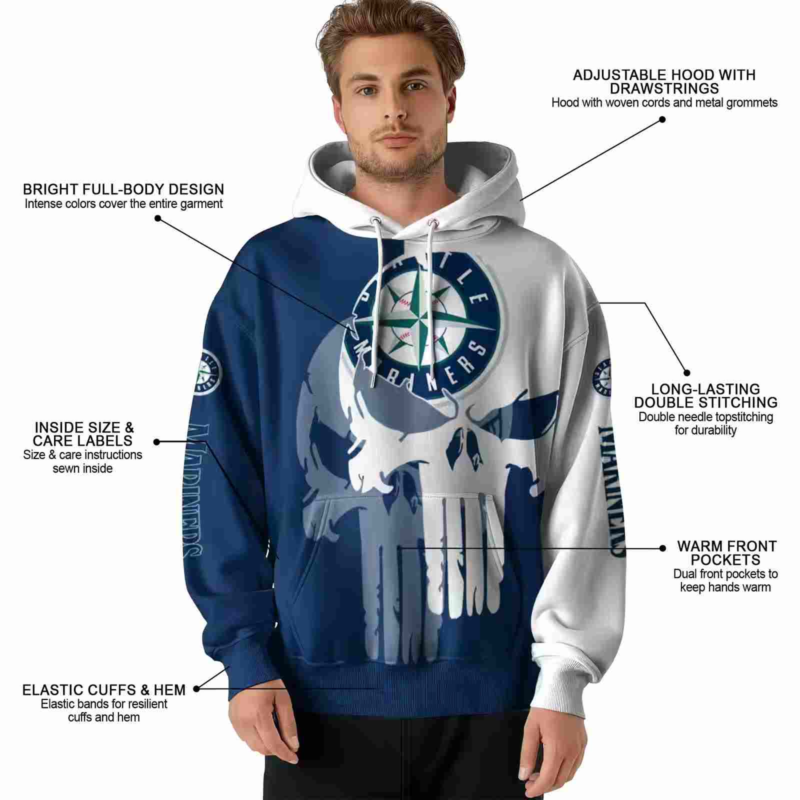 seattle mariners graphic punisher navy blue white hoodie latest model