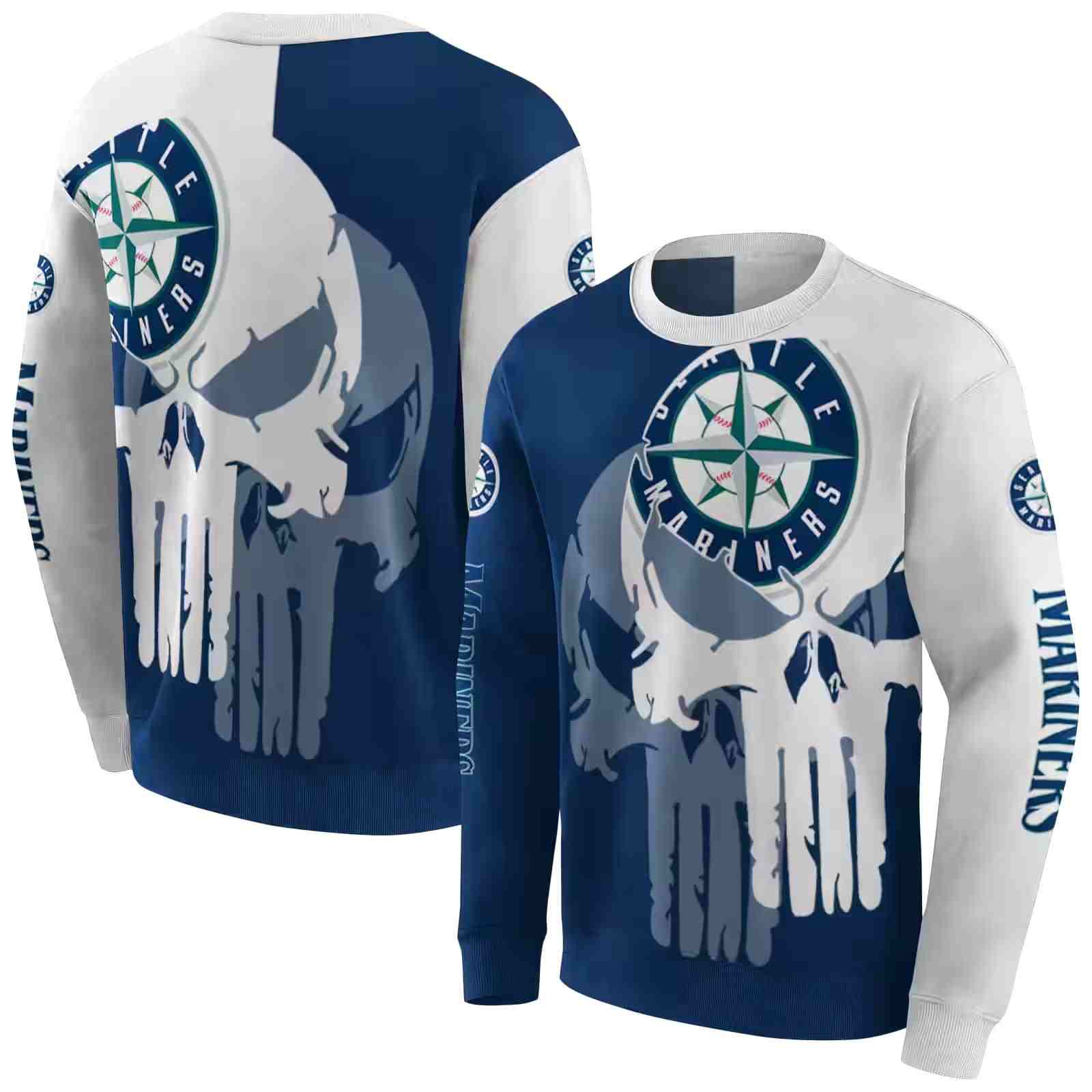 seattle mariners graphic punisher navy blue white hoodie premium grade