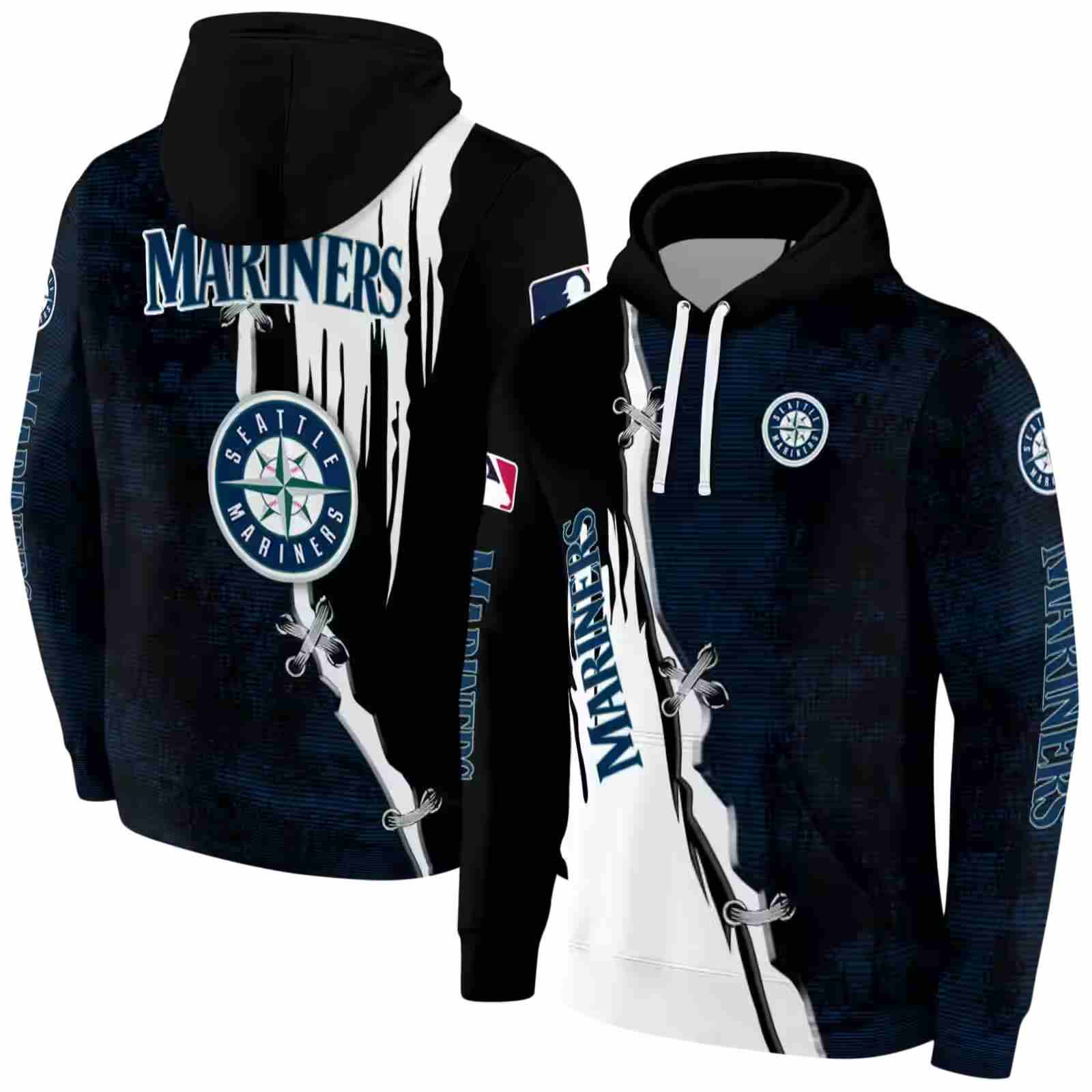 seattle mariners ripped pattern navy blue black white hoodie fashion forward