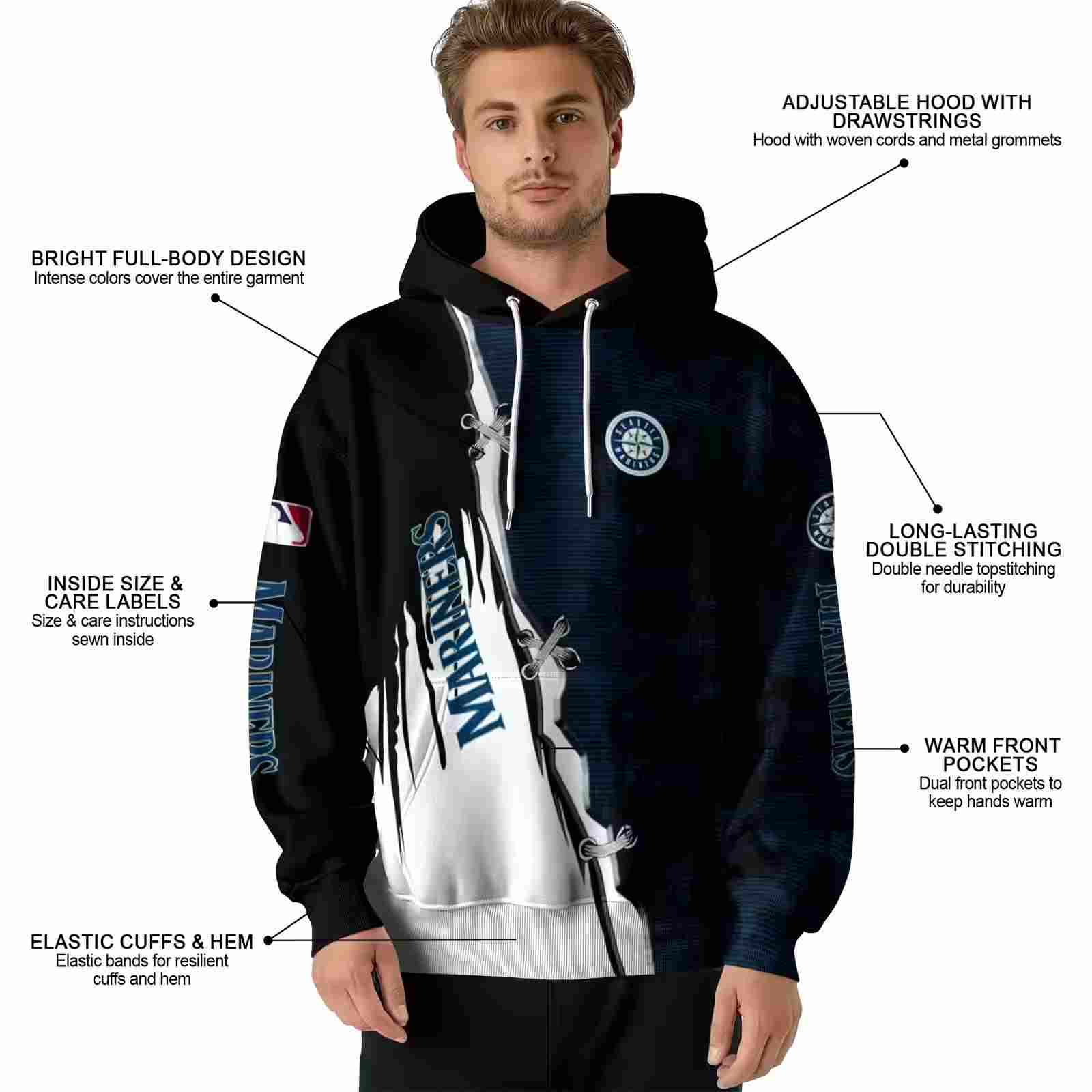 seattle mariners ripped pattern navy blue black white hoodie latest model